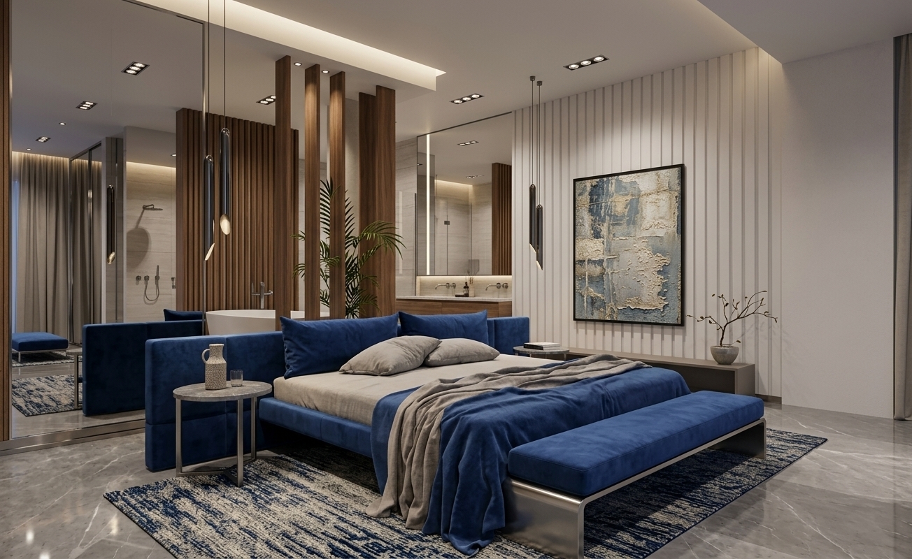 An incredibly lifelike, richly detailed, photorealistic wide-angle interior photograph of an expansive modern bedroom suite set in a serene, minimalist haven. The scene is illuminated by soft, recessed ceiling fixtures and warm, ambient night lighting casting delicate angular shadows, creating a tranquil, sophisticated, and zen-inspired atmosphere. Captured with a professional 24mm tilt-shift architectural lens, emphasizing the tactile textures of the plush royal-blue velvet upholstered platform bed, crumpled linen throws, natural fluted timber partitions, and the mirror-like sheen of the polished gray marble flooring. A textured white accent wall showcases a framed piece of muted abstract art, while slender metallic pendant lights, a sleek matching foot-bench, and minimalist circular bedside tables enhance the clean, functional lines. An indoor potted palm peeks from behind wooden divider slats that discreetly screen a luxury ensuite, completing an uncluttered, monochromatic, and elegantly streamlined sanctuary.