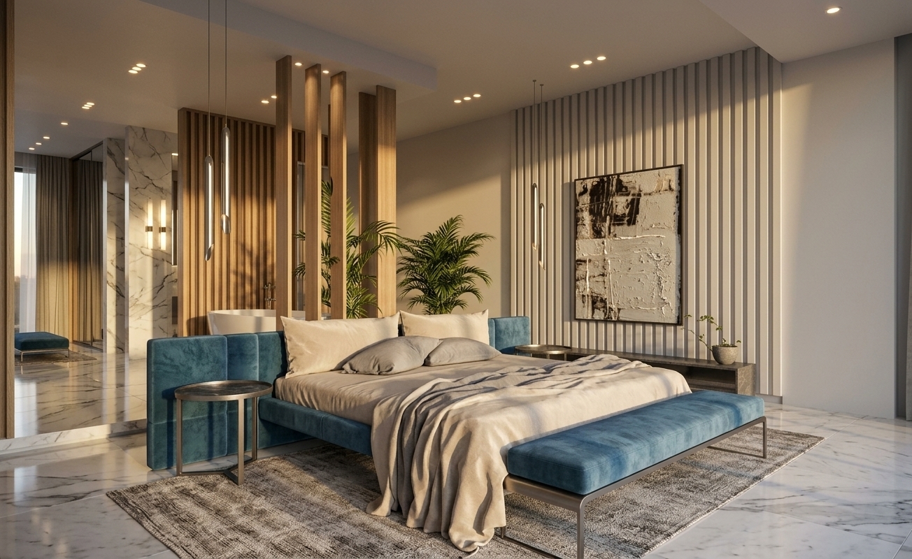 An incredibly lifelike, richly detailed, photorealistic wide-angle interior shot of a master bedroom set in a contemporary high-end urban penthouse. The scene is illuminated by the warm, directional glow of a setting sun casting elongated shadows across the room, harmonizing with subtle recessed ceiling spotlights to create an elegant, tranquil, and sophisticated atmosphere. Captured with a full-frame camera and a 24mm architectural tilt-shift lens, emphasizing high-gloss reflections on the polished marble flooring, the linear rhythm of vertical fluting, and the plush textures of bespoke upholstery. At the center, a tailored platform bed in rich ocean-blue velvet is styled with layered champagne and soft gray linens, flanked by slim metallic bedside tables and anchored by an artisanal distressed area rug. In the background, a white fluted accent wall hosts textured abstract canvas art and slender sculptural metallic pendants, while vertical oak wood slats subtly partition the sleeping quarters from a spa-like ensuite bath with lush indoor palm foliage, encapsulating an airy, refined balance of contemporary luxury.
