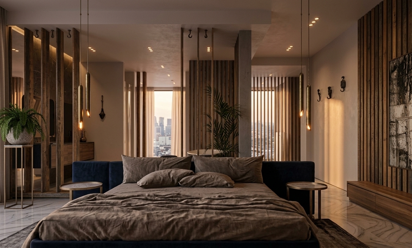 An incredibly lifelike, richly detailed, photorealistic wide-angle interior shot of a spacious luxury bedroom suite set in an urban industrial-inspired loft. The scene is illuminated by the warm, amber glow of a low-angled sunset streaming past sheer drapery combined with recessed ceiling spotlights, creating a moody, tranquil, and sophisticated atmosphere. Captured with a 35mm architectural tilt-shift lens, emphasizing the tactile richness of crumpled taupe linens, plush midnight-blue upholstery, polished marble flooring, and vertical reclaimed-wood slat partitions that subtly screen a serene open-concept ensuite bathroom and expansive city skyline beyond. Minimalist round metal nightstands, slender pendant fixtures, and lush indoor greenery flank the central platform bed, completing a seamless balance of raw architectural structure and refined modern comfort.