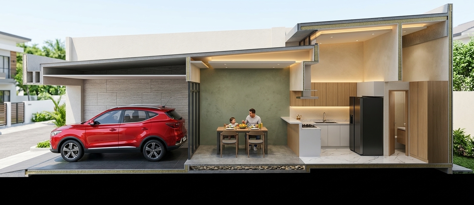 An incredibly lifelike, richly detailed, photorealistic architectural cutaway cross-section of an elegant modern minimalist home set in a bright contemporary residential neighborhood. The scene is illuminated by crisp midday summer daylight streaming into the open carport balanced by warm indirect LED cove lighting tracing the interior drop ceilings, creating a bright, serene, and luxurious family atmosphere. Captured with a 24mm tilt-shift architectural lens at eye level, emphasizing the textured interplay of rough stone, smooth quartz, and polished surfaces across the sectional view. On the far left, the open carport showcases a vibrant, glossy candy-apple red MG compact SUV parked neatly over durable non-slip charcoal garage tiles, bordered by textured light-gray PU stone-clad accent walls beneath an angled modern canopy. Stepping into the interior, the dining space features a sophisticated six-seater dining table paired with slim, tailored dining chairs, where a parent and child are captured sharing a colorful midday lunch, all framed by a muted sage-green accent wall, soft off-white walls, and recessed ambient ceiling lighting. Adjacent to the dining space, the refined kitchen features seamless flat-panel overhead and base cabinetry, a sleek under-mount stainless steel sink with a goose-neck faucet, a modern gas cooktop paired with a minimalist stainless range hood, and a tall French two-door refrigerator, all set upon pristine polished white tiles with faint gray marble veining. Anchoring the layout on the rightmost edge, a clean-lined flush timber door neatly encloses the private comfort room, completing an organized, effortlessly sophisticated residential haven.