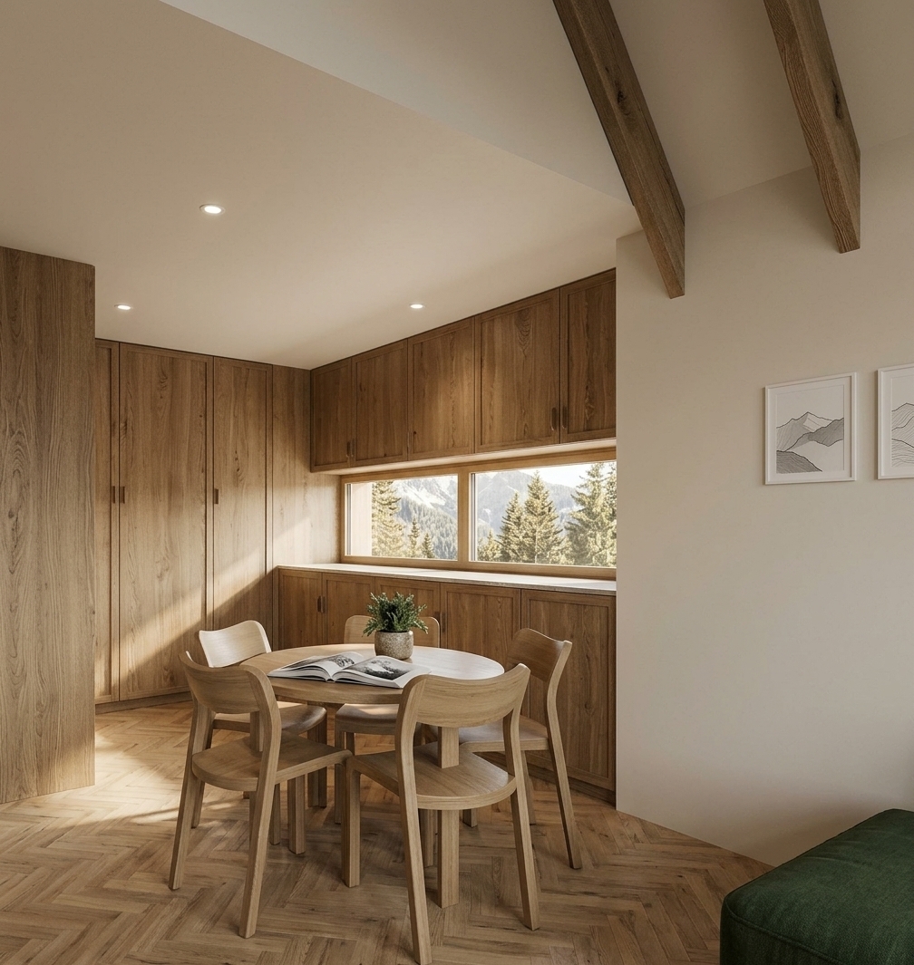 An incredibly lifelike, richly detailed, photorealistic wide-angle interior photograph of a cozy kitchen dining nook set in a tranquil mountain escape. The scene is illuminated by crisp alpine sunlight streaming through the low horizontal ribbon window, creating a warm, inviting, and serene cabin-inspired atmosphere. Captured with a 35mm architectural lens, emphasizing the fine, organic grain of the blonde oak cabinetry, tactile ceiling beams, and rich herringbone wood flooring. At the heart of the space, a sturdy round wooden dining table is surrounded by four minimalist wood chairs, styled with an open mountain photography book and potted alpine greenery, while framed mountain range art subtly enhances the walls. Decorated in a palette of deep forest greens, earthy browns, and warm neutrals, the room evokes a rugged yet sophisticated alpine retreat nestled harmoniously in nature.