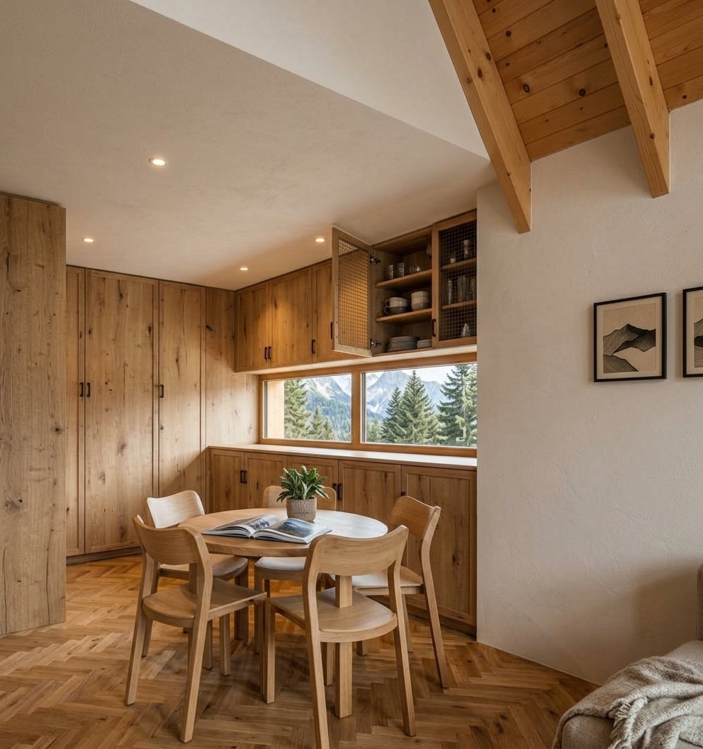 An incredibly lifelike, richly detailed, photorealistic interior shot of a cozy dining nook and kitchen cabinetry set in a secluded alpine mountain escape. The scene is illuminated by warm, natural morning sunlight streaming through an elongated ribbon window and subtle recessed ceiling spotlights, creating an inviting, peaceful, and comfortable atmosphere. Captured with a professional full-frame architectural camera and a 35mm prime lens, emphasizing the organic wood grain textures, herringbone parquet flooring, and exposed timber rafters. 

Nestled against a stunning backdrop of evergreen pines and rugged peaks, this cabin-inspired sanctuary harmonizes a palette of warm neutrals, natural browns, and deep forest green accents. A sturdy, circular wooden dining table is surrounded by four sculpted, light oak chairs, thoughtfully styled with a potted indoor plant and an open photography book. Seamless, full-height and low-profile wooden cabinetry frames the scenic exterior view, while minimalist mountain range wall art complements the rustic yet refined contemporary mountain aesthetic.