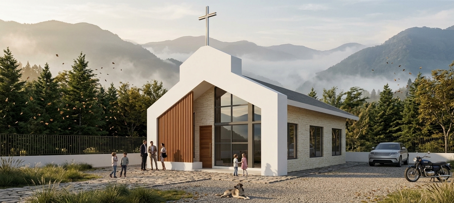 An incredibly lifelike, richly detailed, photorealistic eye-level exterior shot of an elegant contemporary modern chapel set gracefully on a scenic mountain plateau. The scene is illuminated by the soft, golden light of late afternoon filtering through drifting mountain mists, casting gentle, elongated shadows across the landscape and creating a serene, reverent atmosphere. Captured with a professional full-frame camera and an ultra-sharp 35mm tilt-shift lens, emphasizing the fine contrast between smooth, crisp white render, textured light beige stone cladding, and warm vertical timber slats adorning the distinctive entrance trellis. At the roof’s peak, an elegant brushed steel cross catches the sun with a subtle gleam, perfectly harmonizing with the dark charcoal-gray aluminum frames of the panoramic, reflective glass facade and the solid wood-paneled entrance door finished with a slender, sophisticated brass handle. A textured stone pathway meanders toward the chapel, carrying churchgoers in stylish attire while playful children laugh nearby and a stray dog reposes casually in the afternoon warmth. Flanking the grounds, a low perimeter wall is capped with minimalist 0.30-meter black steel grill fencing, beyond which dense rows of evergreen and deciduous trees sway as dry leaves drift through the breeze, giving way to a parked modern SUV, a vintage motorcycle by the gravel driveway, and a breathtaking, panoramic vista of rolling mountain summits fading into the horizon.