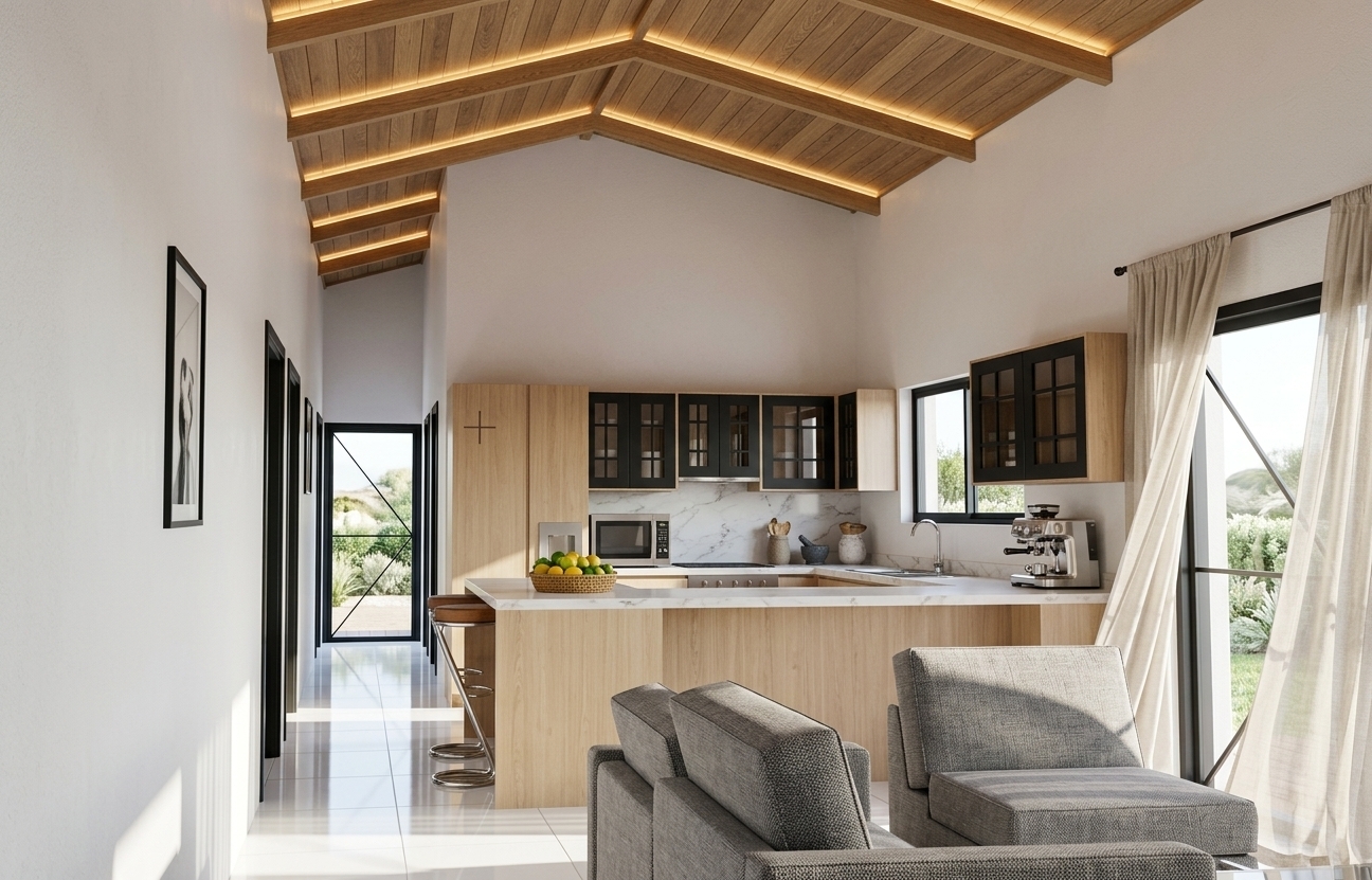 An incredibly lifelike, richly detailed, photorealistic wide-angle interior shot of a sun-drenched open-concept kitchen and living room set in an airy coastal retreat. The scene is illuminated by brilliant summer midday sunlight pouring through sleek matte-black framed windows and doors, enhanced by soft, warm LED strip lighting glowing discreetly between the white ceiling and rich, natural oak timber trusses, creating an inviting, tranquil, and sophisticated atmosphere. Captured with a professional 24mm tilt-shift architectural lens, emphasizing the high-gloss reflection on the large-format white porcelain floor tiles, the subtle grey veining of the polished white marble countertops, and the organic textures of contemporary woven upholstery. Sheer, flowing linen curtains hang gracefully beside the black window frames, caught in a gentle coastal breeze, while framed fine art prints adorn the clean white walls. The marble kitchen peninsula is elegantly styled with a woven basket of fresh citrus fruits, artisanal ceramic vessels, and chic bar stools, seamlessly connecting the comfortable modern lounge area to the luminous, high-ceilinged culinary space.