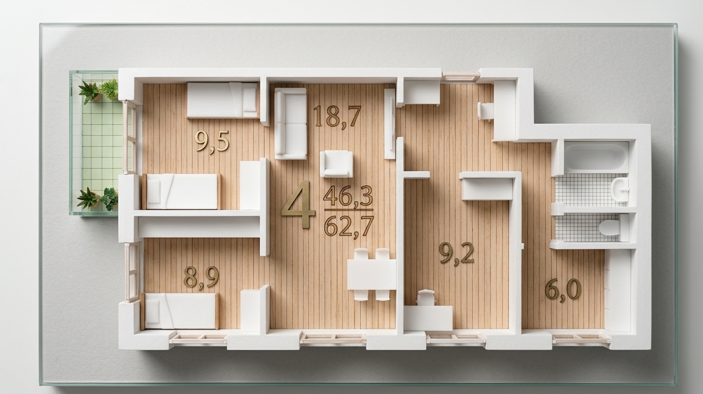 A crisp, top-down photograph of an architectural miniature floor plan matching the exact layout and wall divisions of the graphic, captured with a flat overhead lens and balanced studio illumination. The interior features realistic finishes reflecting the assigned zones: a fitted kitchen in the lower-right 6-square-meter space, a master bedroom to its left, a central open living, dining, and study area, and two separate children's bedrooms on the far left, integrated with built-in family wardrobe storage. The shot exhibits authentic micro-textures on hardwood and tile floorings, subtle wall cast shadows, realistic plaster cutaways, and soft, natural ambient daylighting that imparts physical depth while preserving the precise 2D schematic framing.