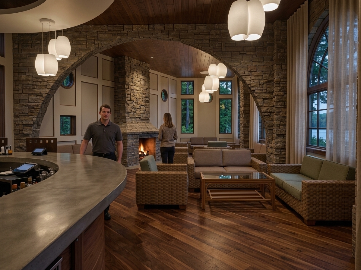 An incredibly lifelike, richly detailed, photorealistic wide-angle interior shot of a sophisticated restaurant lounge set in an upscale lodge-inspired pavilion. The scene is illuminated by soft ambient glow from sculptural, organic white pendant lamps and the gentle, warm flicker of a stone-clad fireplace, creating an intimate, comfortable, and timeless atmosphere. Captured with a full-frame architectural camera and a 24mm tilt-shift lens, emphasizing the tactile ruggedness of stacked stone masonry against polished, linear finishes. 

In the foreground, a sleek, curved poured-concrete bar counter sweeps dynamically across the composition, transitioning onto rich, diagonally laid walnut hardwood flooring. A grand stone archway gracefully divides the bar from an inviting, uncluttered seating lounge curated with mid-century modern sensibilities, featuring tailored woven teak armchairs, comfortable lounge sofas in muted earth tones, and low-profile slatted tables. Flanked by floor-to-ceiling sheer linen drapes and soaring arched windows, the space effortlessly balances retro warmth, functional organic lines, and refined architectural elegance.