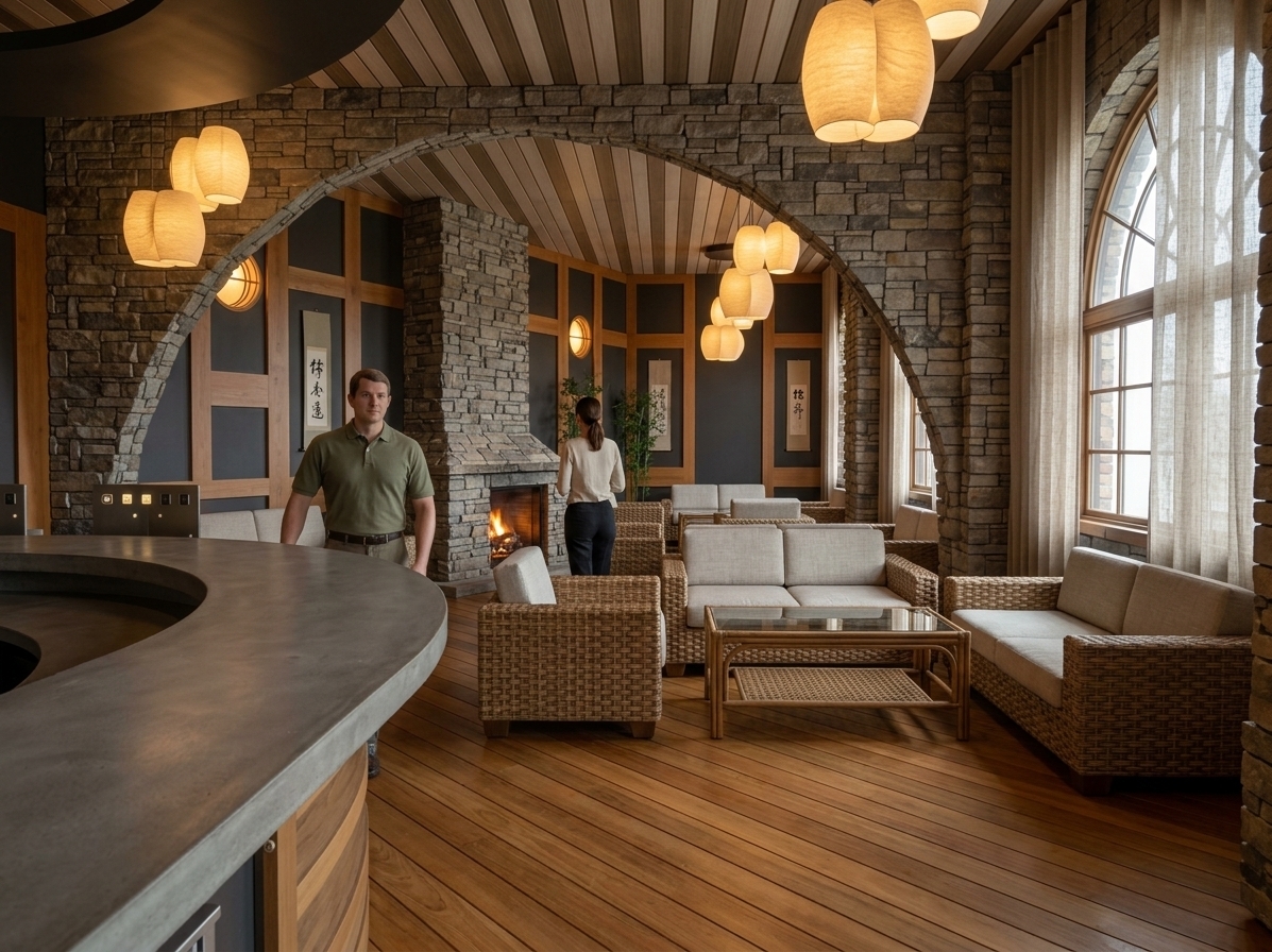 An incredibly lifelike, richly detailed, photorealistic wide-angle interior shot of a Japanese Zen-inspired lounge and dining area set in an intimate, high-end hospitality environment. The scene is illuminated by the soft, diffused amber glow of sculpted paper-like pendant luminaires and the flickering hearth of an integrated stone fireplace, creating a tranquil, harmonious, and wabi-sabi atmosphere. Captured with a high-end full-frame camera and a 24mm architectural tilt-shift lens, emphasizing the tactile contrast of stacked fieldstone masonry, polished teak plank flooring, and the smooth, matte finish of the curved concrete service bar in the foreground. Framed beneath a dramatic stone archway, the uncluttered space balances deep charcoal accents, warm wood paneling, and muted natural greens. Low-profile woven wicker seating with crisp, linen-upholstered cushions surrounds minimalist low timber tables, while subtle Japanese calligraphy scrolls, delicate indoor bamboo plants, and sheer, flowing linen drapes along the arched window infuse the interior with an aura of calm, traditional simplicity.