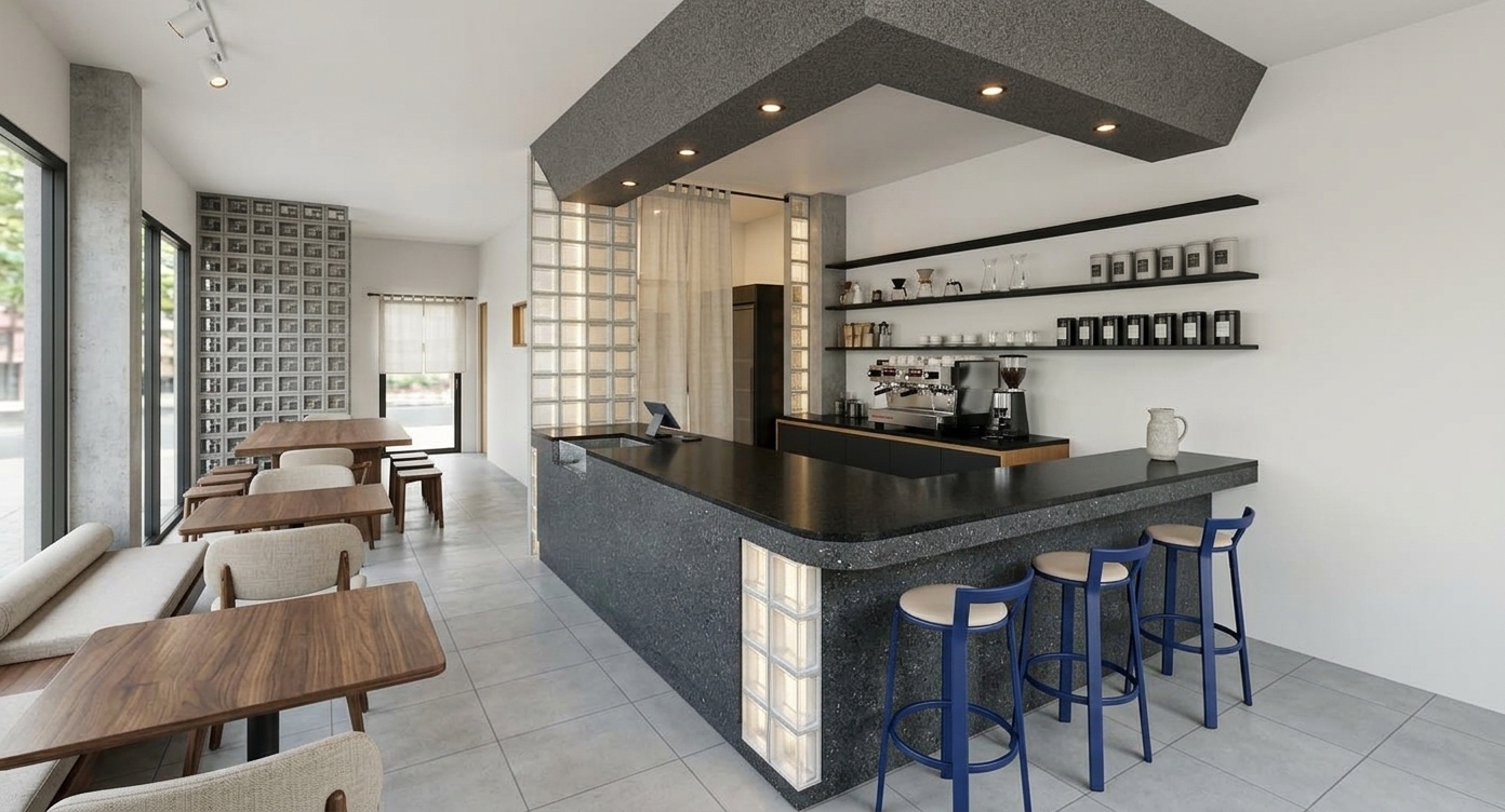 An incredibly lifelike, richly detailed, photorealistic wide-angle interior photo of a minimalist coffee shop set in a tranquil urban sanctuary. The scene is illuminated by crisp, diffused midday summer sunlight filtering through textured glass elements, harmonized by warm recessed micro-LED downlights within the sculpted architectural canopy, creating a serene, digital zen atmosphere. Captured with a 24mm full-frame architectural lens, emphasizing the tactile interplay of honed black granite, luminous pressed-glass blocks, and brushed powder-coated metals. 

The focal L-shaped service bar features a deep charcoal terrazzo countertop with subtle quartz aggregate, accented by an illuminated vitrine of glass bricks and grounded by sleek cobalt-blue minimalist barstools. Behind the counter, functional luxury takes form with matte-black floating display shelves housing artisan ceramic pour-over gear, minimalist glass carafes, and organized rows of monochrome coffee canisters alongside warm oak under-counter cabinetry. To the left, intimate cafe tables crafted from rich walnut and paired with textured linen and pale leather seating line a concrete-rendered wall, while geometric breezeblock partitions and a sheer linen noren curtain introduce soft architectural rhythm and diffused, peaceful depth to the space.