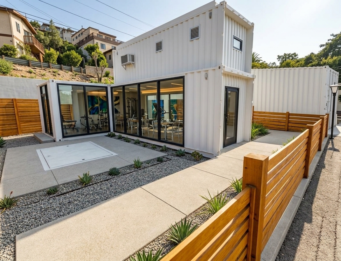 An incredibly lifelike, richly detailed, photorealistic wide-angle architectural exterior shot of a sleek modern fusion restaurant adapted from modular shipping containers set in an upscale urban courtyard. The scene is illuminated by crisp, natural midday sunlight and subtle interior cove lighting, creating a dynamic, vibrant, and inviting atmosphere. Captured with a high-resolution full-frame camera and a 24mm tilt-shift architectural lens, emphasizing the interplay of matte-white corrugated metal, sleek charcoal steel framework, and rich honey-toned horizontal timber fencing. Through floor-to-ceiling panoramic glass frontages, the open-concept interior reveals a sophisticated dining space furnished with polished metallic and wooden elements, minimalist tables, and striking abstract wall art featuring bold vibrant accents against monochromatic finishes. Outside, smooth poured-concrete patio slabs and gravel borders are accented with minimalist lush greenery, crafting an impeccably clean, industrial-inspired hospitality design worthy of a luxury architectural photography book.