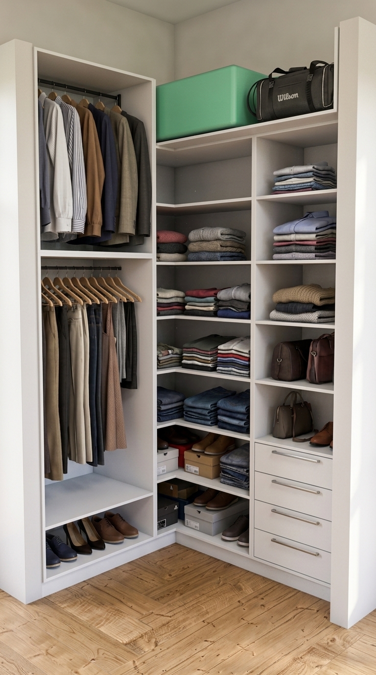 A clean architectural photograph capturing the exact composition and structure of the white modular corner wardrobe on light-oak wood flooring, illuminated by soft, natural ambient interior lighting. The shot emphasizes realistic material textures: matte laminate surfaces on the closet panels, authentic micro-textures on cotton shirts, knitted sweaters, and denim stacks, rich leather grain on shoes and bags, and subtle tactile grain across the wooden floorboards. Rendered with balanced tonal depth, soft contact shadows inside the cubbies, natural fabric creasing, and gentle photographic grain taken with a 35mm lens at f/5.6, maintaining precise geometry and item placement without any CGI sheen.