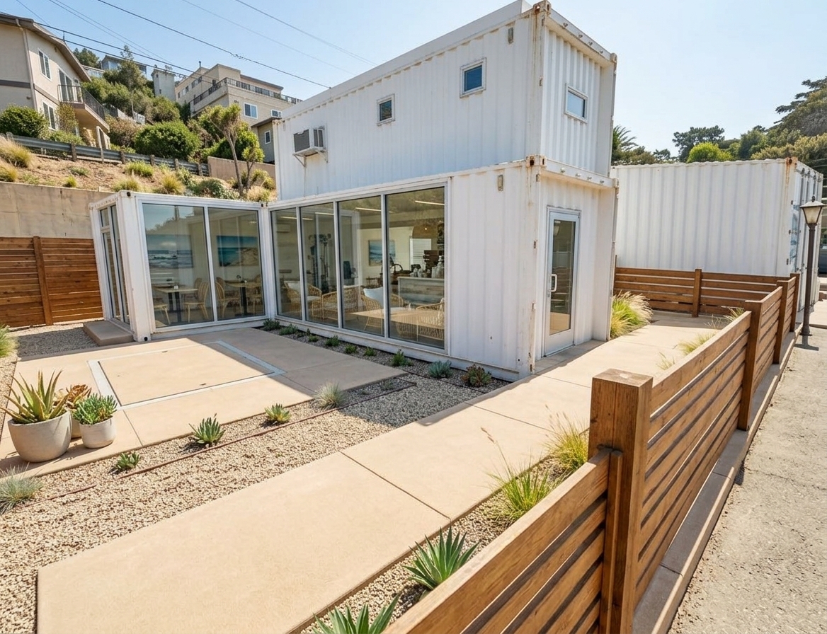 An incredibly lifelike, richly detailed, photorealistic wide-angle architectural shot of a modern repurposed shipping-container restaurant set in a sun-drenched coastal hillside environment. The scene is illuminated by bright, natural daylight softened by a refreshing coastal breeze, creating an airy, light, and sun-kissed atmosphere. Captured with a professional full-frame camera and a 24mm tilt-shift lens, emphasizing the crisp white corrugated steel walls, warm horizontal timber slat fencing, and smooth, sandy-toned concrete paths bordered by fine pea gravel. Through the expansive glass facade, the relaxed and inviting interior reveals uncluttered surfaces, natural wicker and blonde wood seating, tasteful seascape wall art, and an ocean-inspired palette of sky blues, whites, and sandy neutrals, beautifully accented by potted coastal succulents and ornamental grasses.