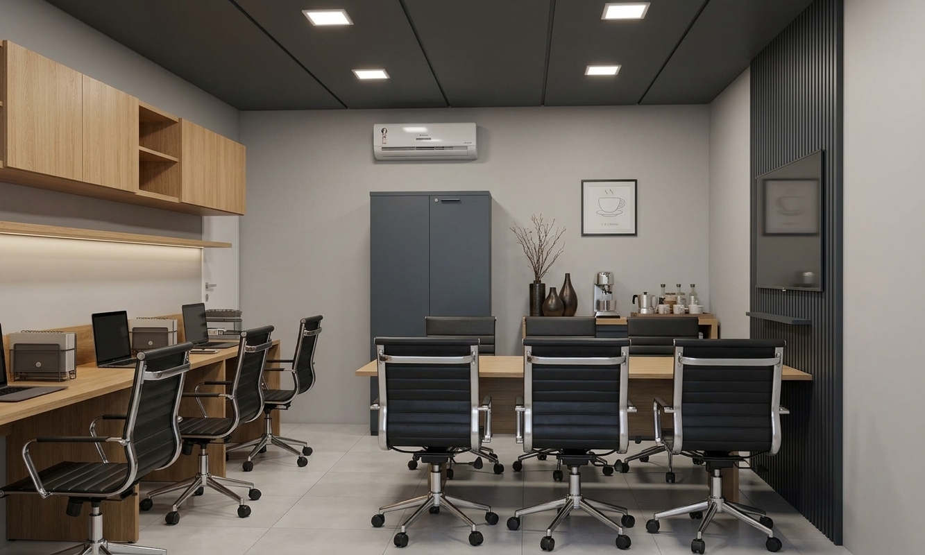 An incredibly lifelike, richly detailed, photorealistic eye-level interior photograph of a compact modern corporate meeting room and collaborative workspace set in a sleek urban business suite. The scene is illuminated by square surface-mounted LED ceiling luminaires delivering soft, diffused neutral-white light with subtle ambient fills, creating an organized, serene, and sophisticated atmosphere. Captured with a wide-angle architectural lens at f/8, emphasizing the seamless satin-matte light gray painted walls, the pristine 2mm rectified joints across large-format satin porcelain floor tiles, and the linear texture of the deep slate-toned ceiling panels. 

To the left, an ergonomic three-person workstation bench features warm light-oak laminate desktops and overhead cabinetry, populated with sleek black task chairs on polished chrome bases. Dominating the center is a modern conference table surrounded by ribbed black leather executive chairs, directed toward a charcoal vertical-slat accent wall on the right where a slim flat-screen television sits turned off, showcasing soft, glossy reflections across its dark screen. In the background, a minimalist refreshment credenza holds an espresso maker, delicate ceramic drinkware, and slender vases beneath simple framed line art, seamlessly blending functional productivity with refined executive hospitality.