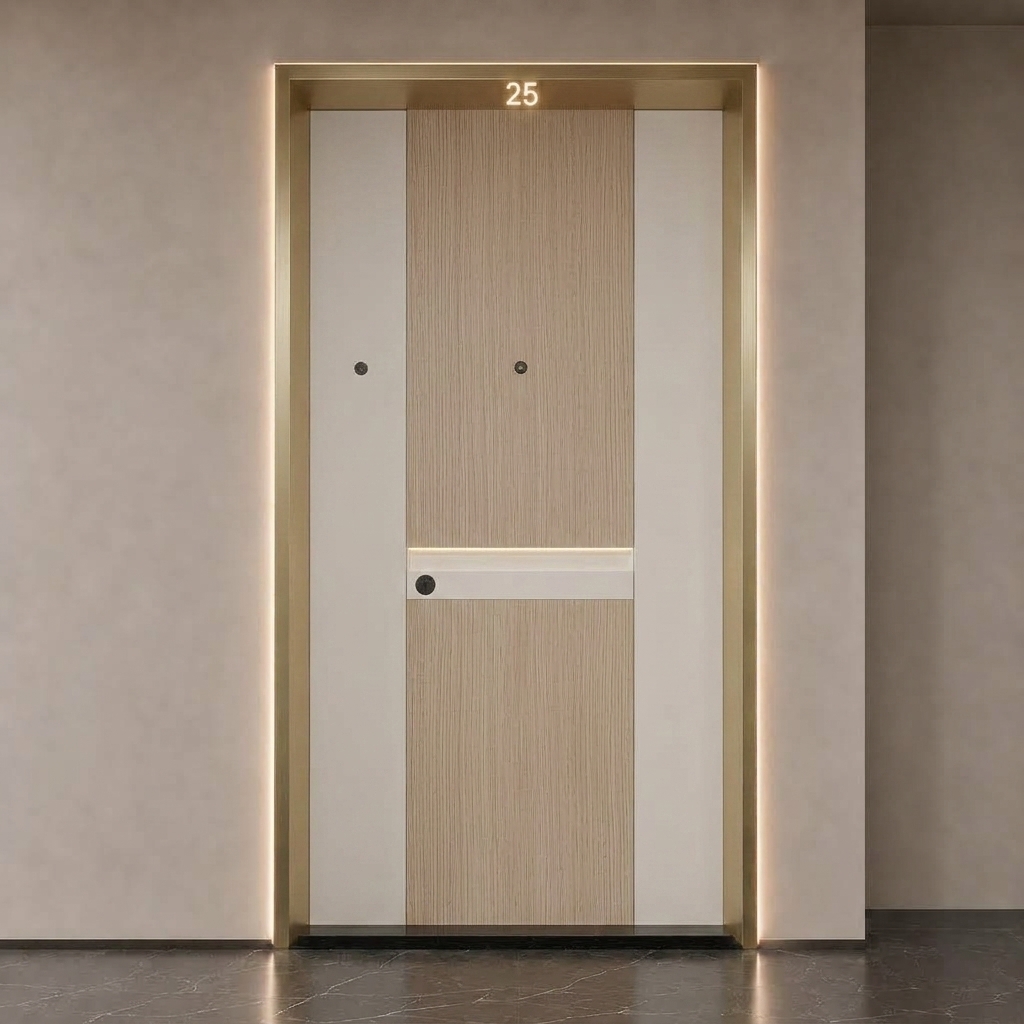Modify the front door materials while keeping all architectural details and lighting identical to the image:

- Change the outer moldings and frame from rose gold to brushed gold aluminum (AluBrushed Goldtone).
- Replace all dark anthracite sections (the left and right vertical panels, and the horizontal middle handle profile) with RAL 1013 oyster white.
- Replace the center wood panels with light fineline oak.
- Maintain the glowing backlights, illuminated "25" number, peephole, wall, and floor exactly as shown.