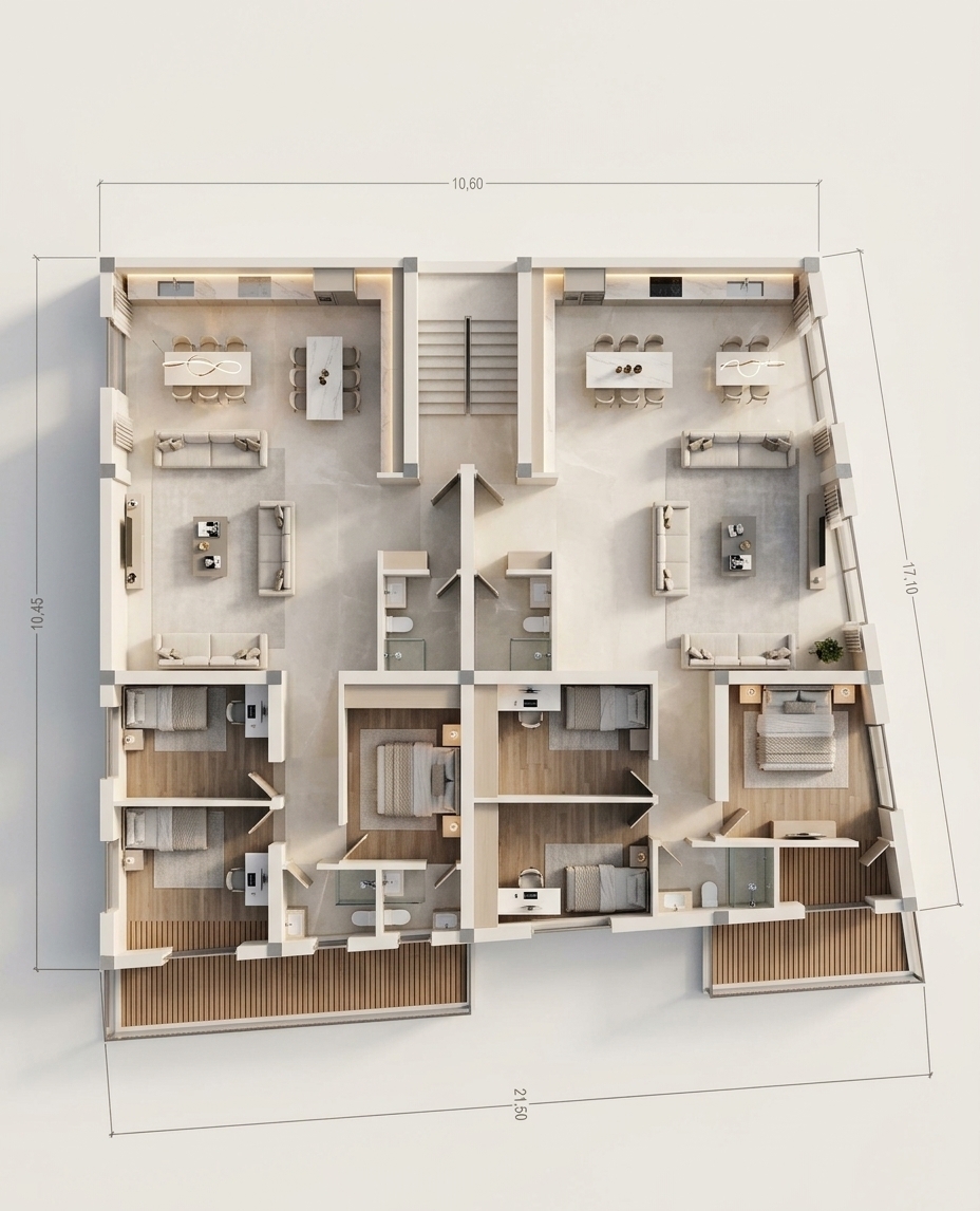 An incredibly lifelike, richly detailed, photorealistic high-angle architectural interior shot of a luxurious multi-unit contemporary residence with private outdoor patio spaces set in an upscale urban development. The scene is illuminated by abundant, soft natural daylight pouring through floor-to-ceiling windows paired with warm, discreet cove and sculptural lighting, creating an airy, refined, and deeply sophisticated atmosphere. Captured with an architectural tilt-shift lens on a high-resolution camera, emphasizing seamless polished stone surfaces, tailored upholstery, and sleek brushed-metal accents. 

Inside, expansive living and dining open-plans are decorated in an understated palette of warm white, champagne, pearl, and soft gray. The conversation areas feature tailored sofas gathered around minimalist low tables displaying glossy photography books, while walls display tasteful oversized abstract art. Private bedrooms boast neatly dressed beds with textured linens, minimalist study desks, and immediate access to warm wood-slatted patio verandas. Gleaming spa bathrooms with glass walk-in showers and sleek integrated modern kitchens complete the clean-lined, immaculately balanced luxury living space.