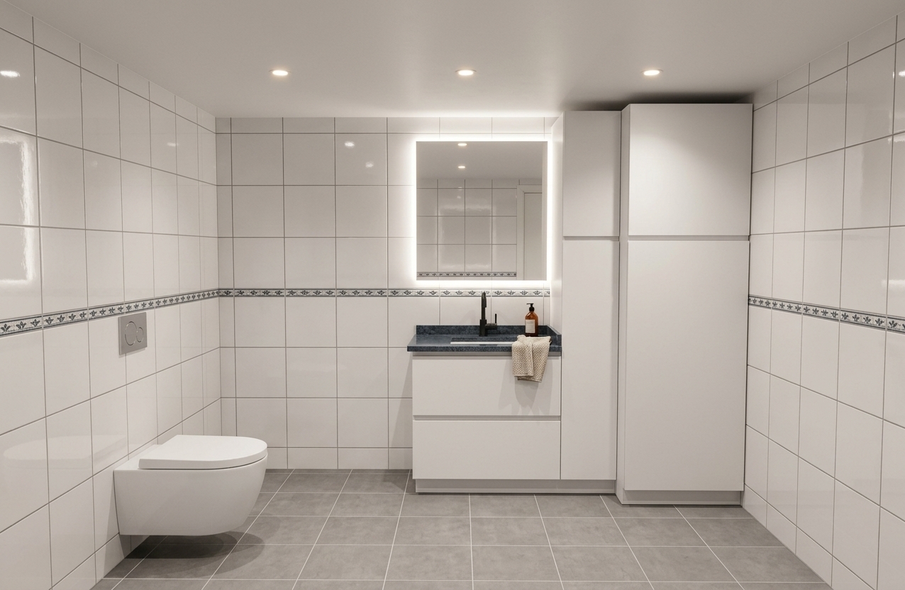 An incredibly lifelike, richly detailed, photorealistic wide-angle interior photograph of a contemporary bathroom set in an elegant residential home. The scene is illuminated by recessed warm-toned LED ceiling spotlights and a soft halo of indirect ambient lighting, creating a bright, pristine, and serene atmosphere. Captured with a 24mm architectural wide-angle lens, emphasizing the glossy sheen of the classic white square wall tiles and the ornate blue-gray ceramic border trim that wraps harmoniously around the room. To the right, sleek floor-to-ceiling matte white cabinetry stands flush against the wall, perfectly flanking a minimalist vanity crowned with a deep blue-gray polished granite countertop and a contemporary matte black faucet. Elevated by refined decor, a large frameless backlit mirror hangs above the basin, complemented by an artisan soap dispenser and a folded textured linen hand towel. On the open wall space to the left, a modern, wall-hung white ceramic toilet with clean geometric contours and a brushed chrome flush plate seamlessly integrates into the space, resting atop natural matte gray porcelain floor tiles with crisp, realistic grout lines and subtle material depth.