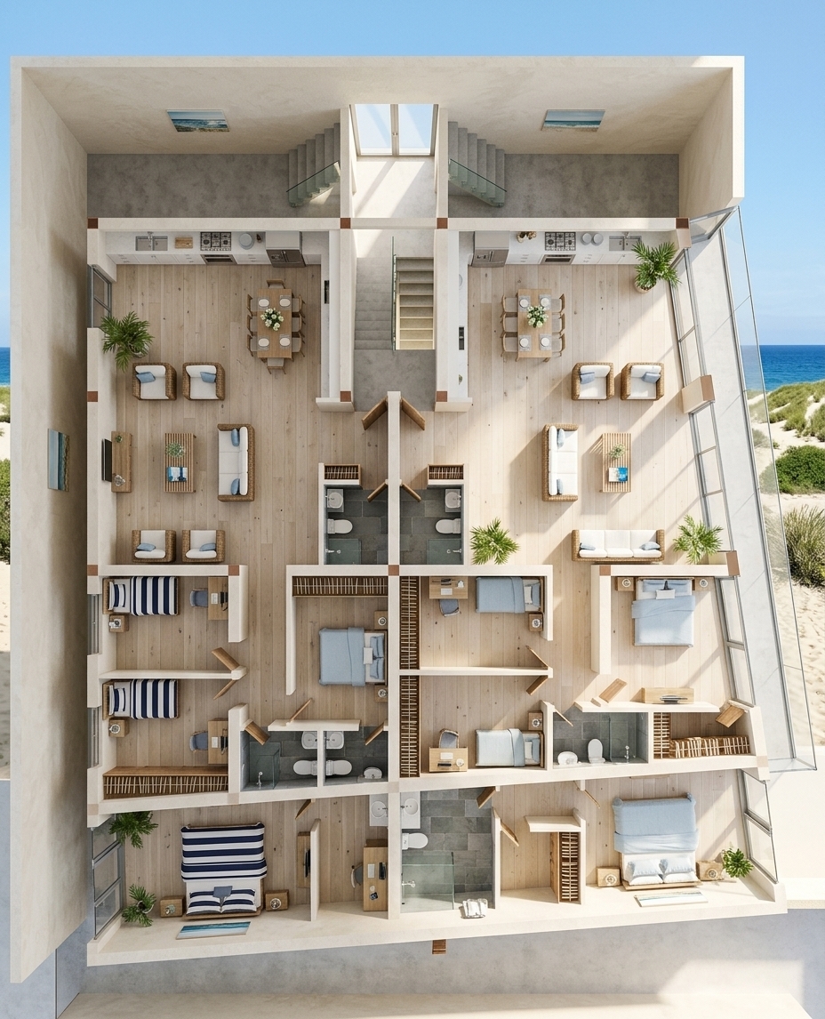 An incredibly lifelike, richly detailed, photorealistic high-angle cutaway view of a light-filled dual-apartment coastal residence set in a sun-drenched seaside enclave. The scene is illuminated by bright, sun-kissed morning daylight pouring through expansive glass openings, creating an airy, fresh, and deeply relaxing beachside atmosphere. Captured with a sharp architectural tilt-shift lens from directly overhead, emphasizing the tactile textures of bleached sandy-neutral hardwood floors, woven wicker accents, and crisp white and soft-blue linen furnishings. The open-concept living and dining spaces feature sleek wooden dining sets, minimalist coffee tables elegantly staged with glossy photography books, and walls accented by tasteful seascape wall art. Neatly appointed bedrooms showcase crisp nautical-toned bedding alongside warm slatted-timber closets and uncluttered work nooks, while fresh potted plants and adjoining outdoor patio entries invite a refreshing coastal breeze into the spacious, uncluttered interior.