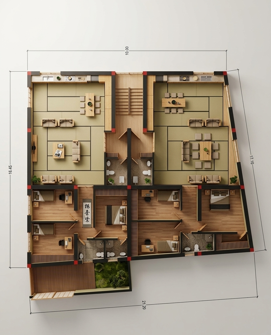 An incredibly lifelike, richly detailed, photorealistic top-down architectural view of an elegant Japanese Zen twin-residence layout set in a tranquil urban sanctuary. The scene is illuminated by soft, diffused morning daylight pouring through sheer-screened windows, creating a serene, calm, and harmonious atmosphere. Captured with a high-resolution medium format camera with a wide-angle tilt-shift lens, emphasizing the organic grain of light-toned timber flooring, smooth tatami mats, and slender slatted-wood patio decking. 

Throughout the balanced and uncluttered spaces, low-profile natural wood furniture defines the open living and dining areas, complemented by neatly placed open photography books on minimalist coffee tables, striking monochrome Japanese calligraphy scrolls hung on crisp neutral walls, and sculpted indoor bonsai plants. Earthy palettes of warm beige, deep sumi-ink blacks, and fresh moss greens evoke a timeless wabi-sabi aesthetic, linking the serene platform-bed sleeping quarters, immaculate stone-clad bathrooms, and quiet private balconies into a cohesive, meditative living environment.