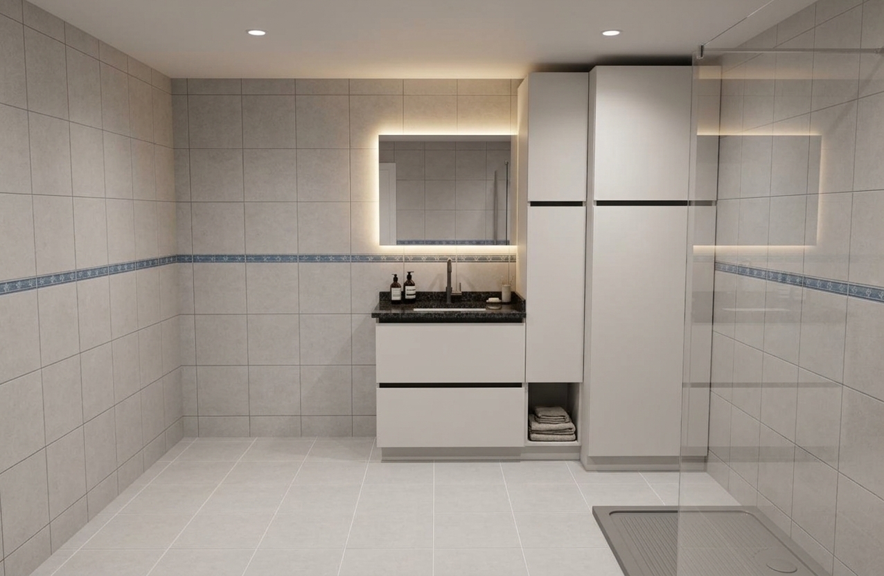 An incredibly lifelike, richly detailed, photorealistic wide-angle interior shot of a minimalist haven bathroom set in a modern residential space. The scene is illuminated by soft, recessed ceiling lighting paired with the warm, radiant glow of an ambient LED-backlit mirror above the vanity, creating a serene and welcoming spa-like atmosphere. Captured with a professional 24mm architectural lens, emphasizing the crisp finish of the white wall tiles, the subtle blue-toned decorative trim, the polished dark granite countertop, and the seamless matte white cabinetry with dark recessed handles. Across the light grey tiled floor, a sleek, low-profile textured shower tray with a frameless glass panel is tucked cleanly into the open corner, while subtle luxury accents—such as folded linen towels and designer toiletries—complete the refined, clutter-free sanctuary.