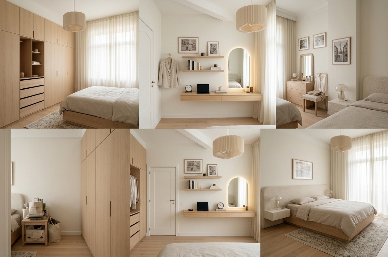 An incredibly lifelike, richly detailed, photorealistic wide-angle interior shot of a transformed Scandinavian sanctuary bedroom set in a bright, tranquil urban retreat. The scene is illuminated by soft, luminous midday sunlight gently diffused through floor-to-ceiling sheer ivory linen curtains, creating a remarkably serene, airy, and sophisticated atmosphere. Captured with a full-frame architectural camera and a 24mm tilt-shift lens, emphasizing the tactile textures of raw bouclé upholstery, chalky warm-white walls, and smooth, light Nordic oak carpentry. The structural ceiling beam is seamlessly painted in crisp matte white to harmonize with the preserved ceiling height, while the dated pink walls are replaced with a calming off-white lime-wash plaster. Anchoring the space is a low-profile platform bed framed in pale oak with floating minimalist nightstands, complemented by a tailored floor-to-ceiling modular wardrobe unit featuring integrated pull-out drawers, bespoke dividers, and discreet recessed handles that expand upon the newly refaced built-in closet. Across the room, a multifunctional floating desk in blonde oak serves effortlessly as both a streamlined home office and an elegant vanity, complete with an ambient backlit arched mirror, slender floating book ledges, and a sculptural Scandinavian pleated paper-shade pendant chandelier that bathes the minimalist haven in refined, balanced warmth.