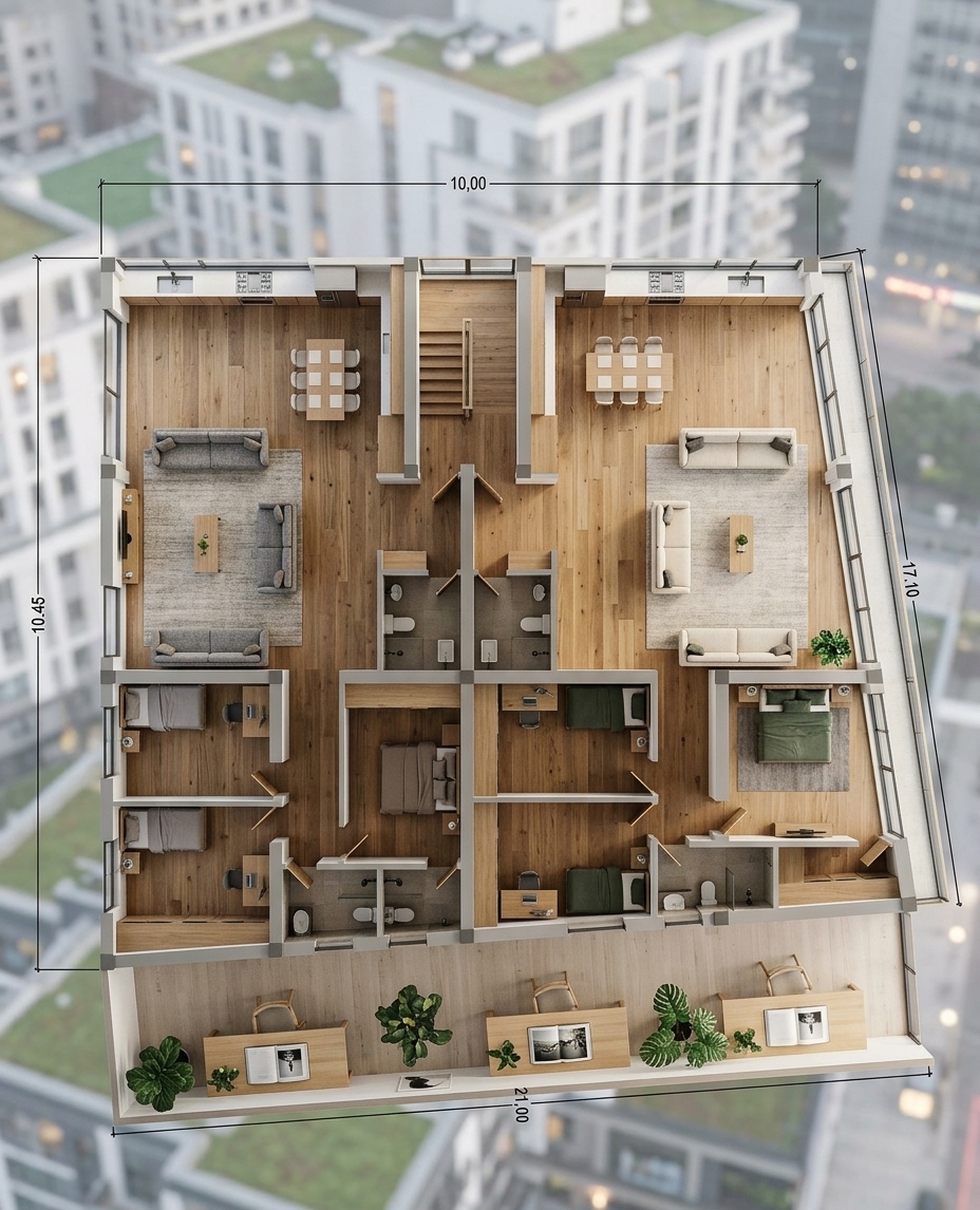 An incredibly lifelike, richly detailed, photorealistic top-down architectural interior photograph of a spacious dual-suite modern residence set in an upscale urban apartment complex. The scene is illuminated by soft, diffused natural daylight cascading through expansive perimeter windows, creating a serene, Zen-inspired atmosphere. Captured with a high-resolution medium-format camera and a wide-angle tilt-shift lens, emphasizing matte textures, warm oak grain, and crisp, streamlined architectural lines. 

Each thoughtfully arranged bedroom functions as a private minimalist haven, featuring a sleek blonde-wood study desk set against pristine white walls adorned with subtle, monochromatic abstract art. A thick, open photography book rests on the clutter-free desktop alongside a single sculptural indoor plant, while tailored furnishings in muted grays, creams, and earthy tones define the cohesive open living and dining spaces, epitomizing effortless, functional modern elegance.