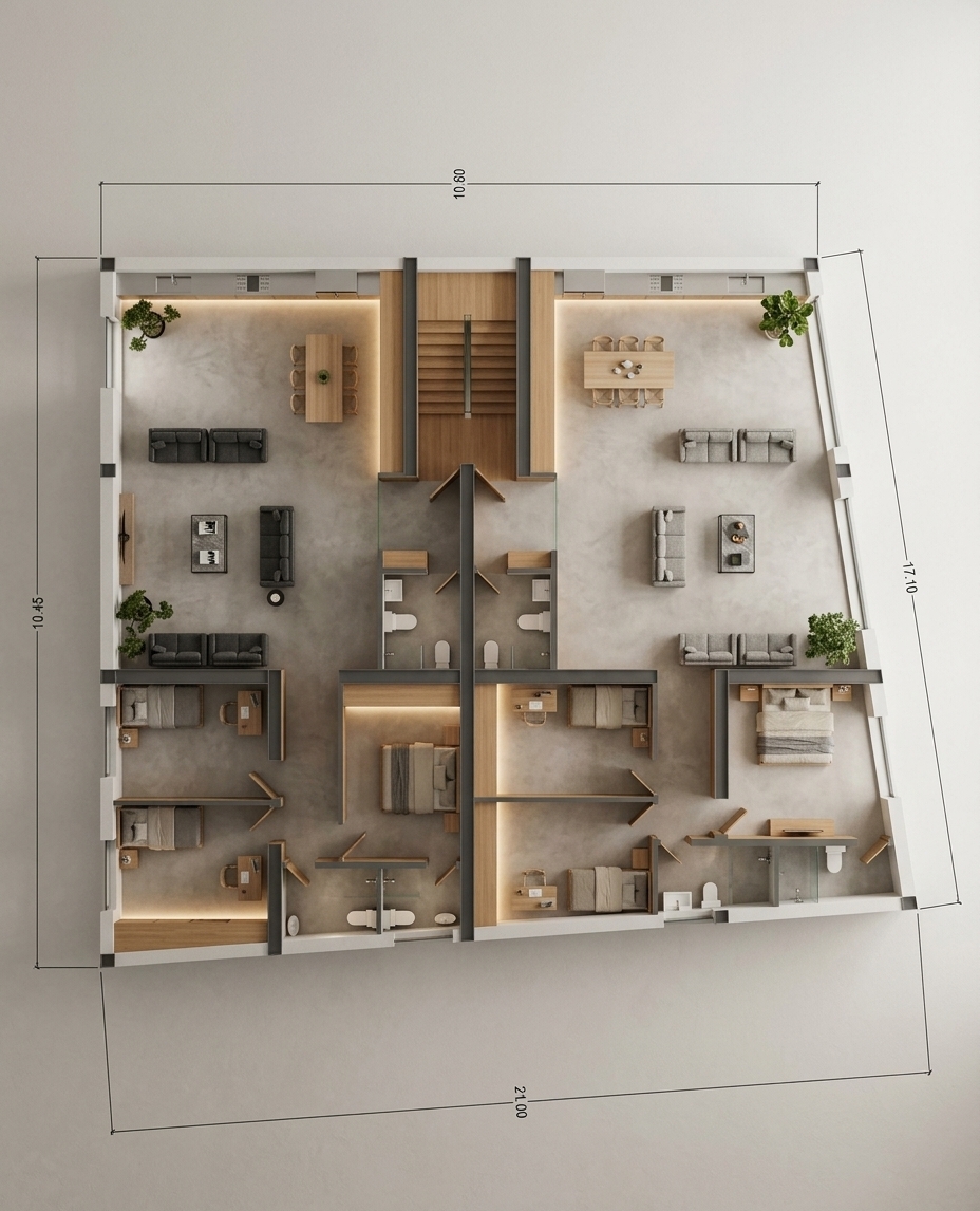 An incredibly lifelike, richly detailed, photorealistic top-down interior architectural photograph of a contemporary dual-apartment residence designed as a minimalist haven, set in a peaceful modern urban setting. The scene is illuminated by gentle, diffused morning daylight pouring through expansive exterior windows alongside soft warm-toned recessed LEDs, creating a serene, tranquil, and uncluttered atmosphere. Captured with a high-resolution medium format camera using an architectural tilt-shift lens, emphasizing the seamless textures of smooth microcement floors, natural warm oak paneling, and matte white surfaces. 

Each functional living area is styled with streamlined simplicity, showcasing low-profile charcoal and stone-gray seating arrangements gathered around slim metal-framed coffee tables topped with photography books. Dining spaces feature elegant Scandinavian wooden tables with sleek chairs, seamlessly transitioning into minimalist kitchens with concealed cabinetry and brushed steel accents. The tranquil bedrooms display low platform beds dressed in crisp, muted neutral linens beside compact wooden study nooks, while minimalist abstract wall art and subtle potted indoor bonsai and ficus trees introduce organic life into the beautifully balanced, zen-inspired monochromatic layout.