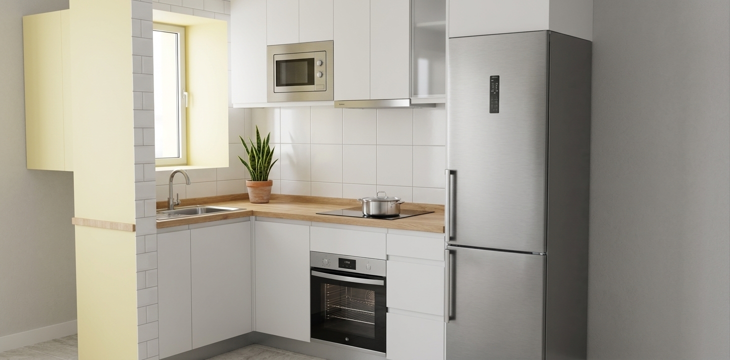 A photorealistic interior photograph preserving the exact layout, geometry, and composition of the kitchen scene. Bright, soft daylight filters across the room, illuminating the matte white cabinetry and bringing out the natural tactile grain of the light wood countertops. Glossy white wall tiles exhibit delicate grout lines and authentic specular highlights, while the appliances display realistic brushed stainless steel finishes, clear glass reflections, and subtle metallic sheen. The pale yellow wall section features a smooth, painted plaster texture, complemented by soft ambient shadows under the upper cabinets and beneath the small potted plant, captured with a clean 35mm architectural lens with gentle contrast and natural depth.