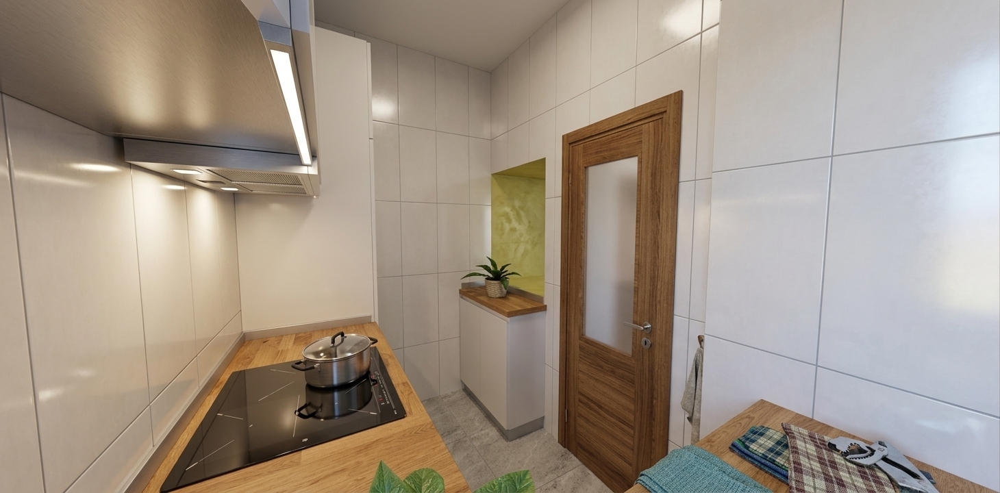 A crisp architectural photograph capturing the exact kitchen layout, illuminated by soft ambient daylight mixed with warm functional under-cabinet lighting. The white wall tiles feature subtle glossy reflections and authentic grout lines, while the countertops and wooden interior door showcase tactile, natural wood grain. The induction cooktop appears in sleek, reflective black ceramic glass topped with a brushed stainless steel cooking pot showing realistic metallic highlights. Rich fabric textures on the folded kitchen towels, delicate foliage on the potted plant, soft diffused contact shadows, and faint lens depth of field render the scene with complete photorealism while preserving every original geometric detail and compositional angle intact.