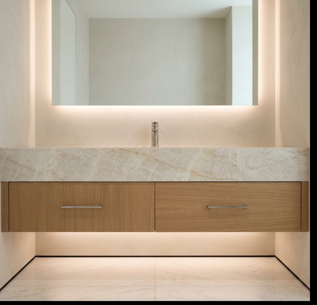 An incredibly lifelike, richly detailed, photorealistic straight-on architectural shot of a minimalist vanity alcove set in a serene luxury bathroom. The scene is illuminated by the soft, diffused radiance of an expansive backlit mirror and subtle warm LED strip lighting glowing from beneath the suspended cabinet, creating a tranquil, spa-like atmosphere. Captured with a professional 35mm tilt-shift lens, emphasizing pristine organic textures and crisp architectural lines, the floating vanity features warm, natural oak veneer twin drawer fronts with sleek horizontal metal pulls, perfectly nestled between two smooth, neutral-toned plaster walls. A seamless slab of polished Taj Mahal quartzite crowns the vanity, displaying delicate cream, beige, and faint golden veining across its cool surface, accented by an elegant minimalist brushed nickel faucet centered beneath the vast, frameless mirror reflecting this clutter-free sanctuary.