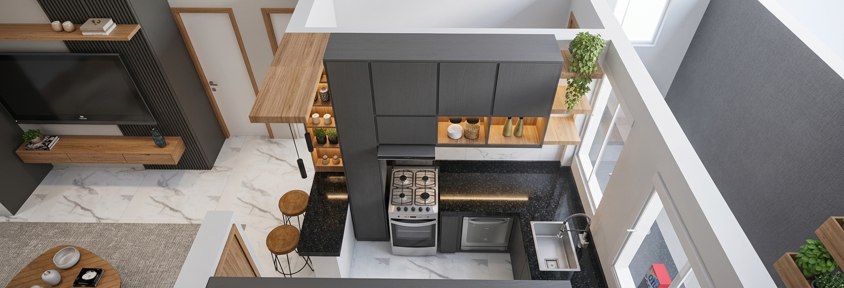 A high-angle architectural photograph capturing the exact modern kitchen and living layout, featuring smooth matte gray cabinetry paired with warm natural wood open shelving subtly illuminated by integrated warm LED strip lighting. The countertops are made of polished black granite displaying realistic crystalline depth and soft ambient reflections. Polished white marble floor tiles reflect diffused natural daylight pouring into the space, while the stainless steel appliances show realistic metallic sheen and micro-textures. Rendered with clean interior photography lighting, balanced shadows, sharp focal depth, natural surface reflections, and faint organic grain, maintaining the precise geometry, perspective, and placement of every existing element.