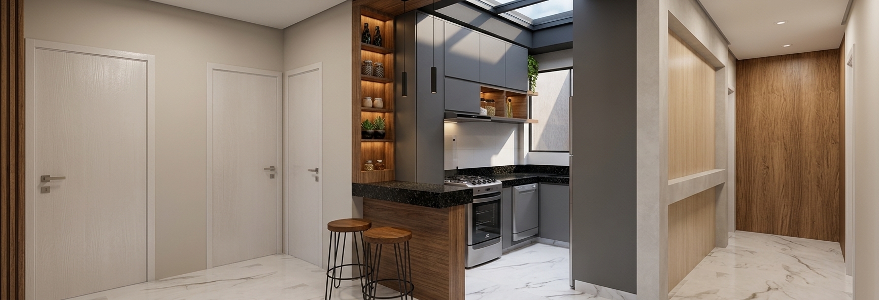 A clean, photorealistic high-angle architectural photograph capturing the exact layout with natural material depth and balanced interior lighting. The kitchen cabinets feature a smooth matte gray finish, paired with open niche shelving rendered in warm, natural wood softly backlit by integrated warm LED strip lighting. The countertops are polished black granite exhibiting subtle crystalline flecks and soft specular reflections. Diffused natural daylight from the adjacent opening balances with the warm interior illumination, casting gentle, realistic contact shadows across the polished white marble floor with subtle gray veining, while the stainless steel appliances and wooden barstools showcase authentic textures and physical realism.