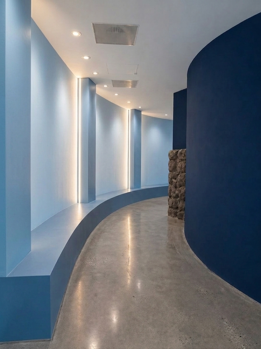 A sharp architectural photograph of the curved interior corridor, captured with the exact framing and perspective. The vertical columns are squared into rectangular drywall pillars finished in the matching matte light-blue paint of the low bench, flanked by embedded warm-white vertical LED strip lighting along their edges. The walkway is rendered as authentic semi-matte polished concrete with subtle aggregate variations, faint foot-traffic scuffs, and soft, diffused light reflections. Warm recessed ceiling spotlights cast gentle gradients across the navy and powder-blue curved walls, photographed with crisp focus, balanced dynamic range, and natural micro-textures throughout.