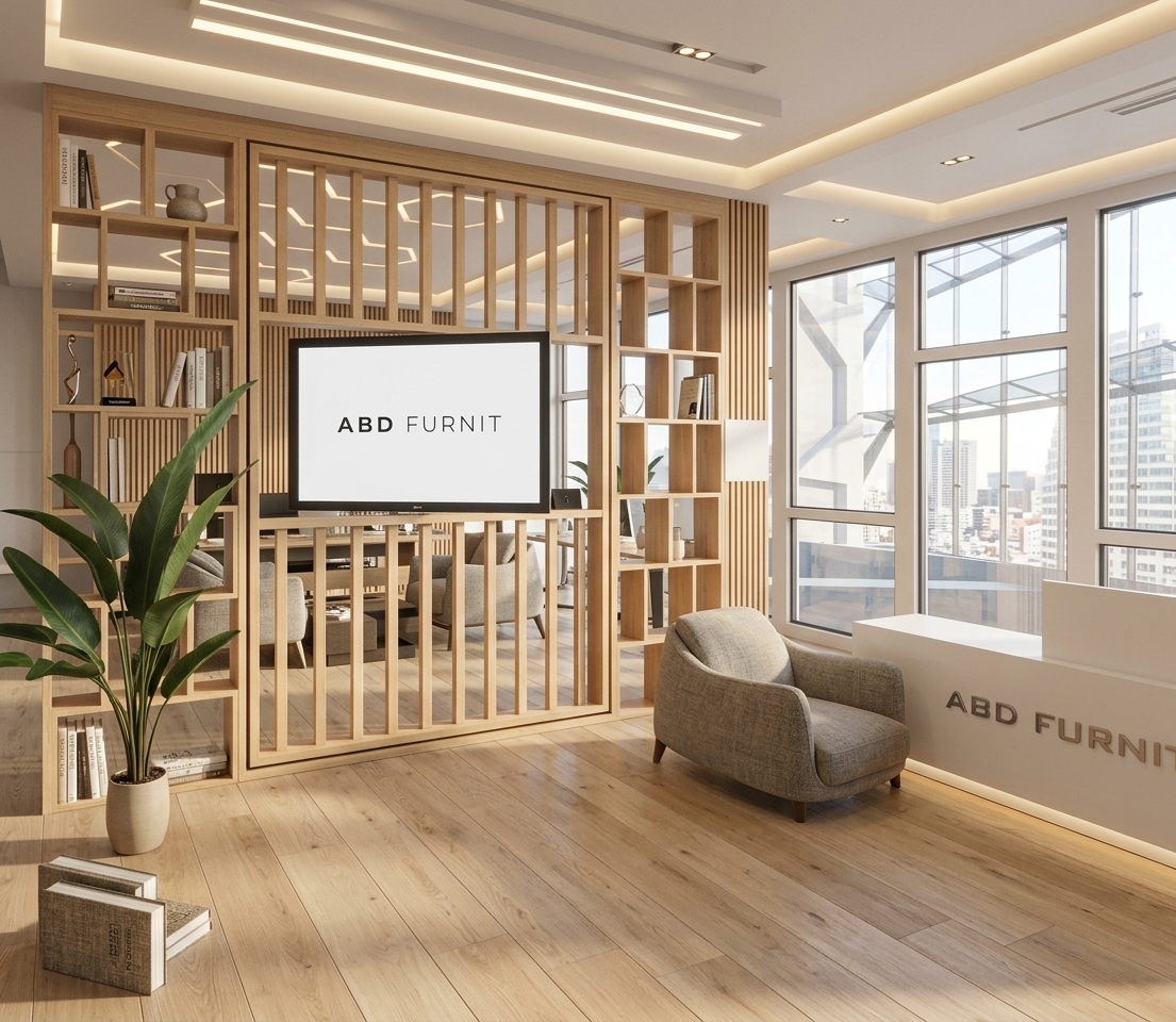 An incredibly lifelike, richly detailed, photorealistic wide-angle interior shot of a Scandinavian-inspired corporate reception set in a sunlit high-rise office. The scene is illuminated by gentle, diffused daylight streaming through expansive floor-to-ceiling multi-pane windows paired with warm, recessed linear ceiling cove lights, creating a tranquil, airy, and hygge-infused atmosphere. Captured with a 24mm tilt-shift architectural lens, emphasizing pale oak wood grains, smooth matte finishes, and cozy, tactile textures. A bespoke vertical timber slatted partition featuring open geometric display shelving and an integrated central monitor artfully filters light while zoning the reception from the workstations beyond. Beside the crisp, minimalist white reception desk accented with warm base under-glow, an inviting plush armchair sits atop light-toned hardwood planks, complemented by a flourishing potted broadleaf plant that introduces a touch of organic serenity to this clean, modern sanctuary.