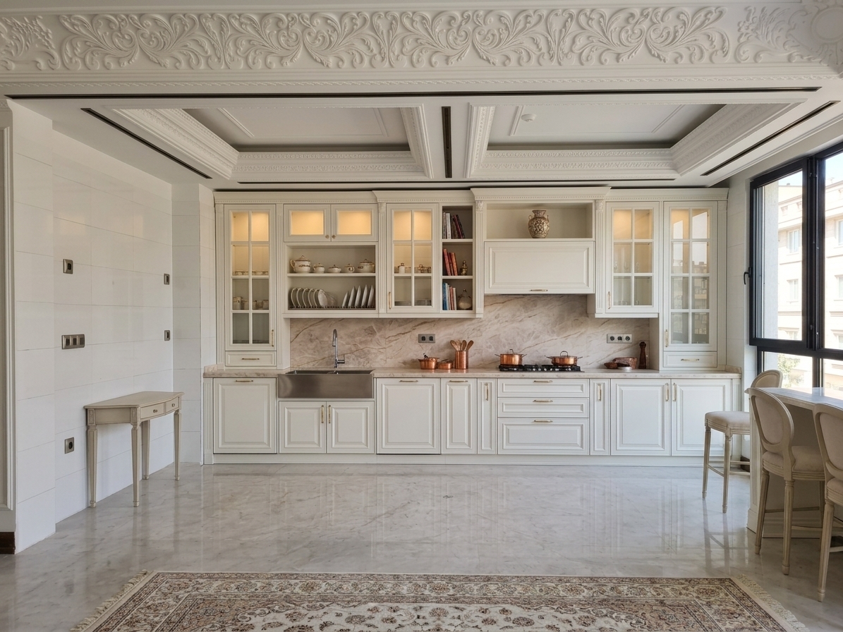 An architectural interior photograph of the neoclassical white kitchen, preserving the exact layout, geometry, and straight-on perspective. Natural daylight filters through the right-side window, creating soft shadows and subtle falloff that balance the warm, glowing interior cabinet illumination. The satin white cabinetry, ornate plaster ceiling moldings, and polished marble floor display realistic surface textures, gentle ambient reflections, and tactile micro-details. Captured with a full-frame camera and an architectural lens, the shot features balanced color temperatures, delicate specular highlights on the copper cookware and stainless steel sink, and faint, natural lens vignetting.
