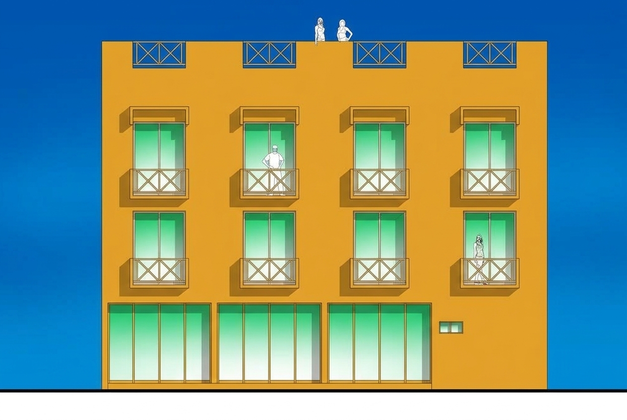 Update the building elevation by applying a vibrant, warm ochre color to the exterior walls instead of plain white. Replace the blank white background with an intense, rich blue sky, while retaining the clean architectural line-art style, green-tinted windows, and wooden balcony railings.