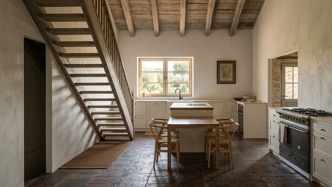 An incredibly lifelike, richly detailed, photorealistic wide-angle interior photograph of a warm, timeless rustic kitchen set in a serene Mediterranean countryside retreat. The scene is illuminated by soft natural morning daylight pouring gently through the central double-pane casement window, creating an inviting, peaceful, and lived-in atmosphere. Captured with a professional full-frame architectural camera and a 24mm tilt-shift lens with pristine vertical alignment, emphasizing the tactile textures of aged organic timber, honed ceramics, and matte surfaces. 

Anchoring the space, an open-riser straight staircase crafted from rich, weathered natural wood climbs along the left wall beneath a soaring ceiling framed by exposed rustic timber beams. In the foreground, a solid wood dining table flanked by classic wooden Wishbone dining chairs with woven natural cord seating seamlessly connects to a central prep island featuring a thick oak butcher-block counter. Along the back wall, elegant warm-white shaker cabinetry harmonizes with a solid wood backsplash, framing an undermount white ceramic apron-front farmhouse sink with a matte black gooseneck faucet beneath the sunny window. To the right, an authentic dark charcoal range cooker with brass accents completes the culinary workspace, all resting on textured, dark rustic terracotta-slate floor tiles that display authentic surface variations, delicate imperfections, and soft ambient light falloff.