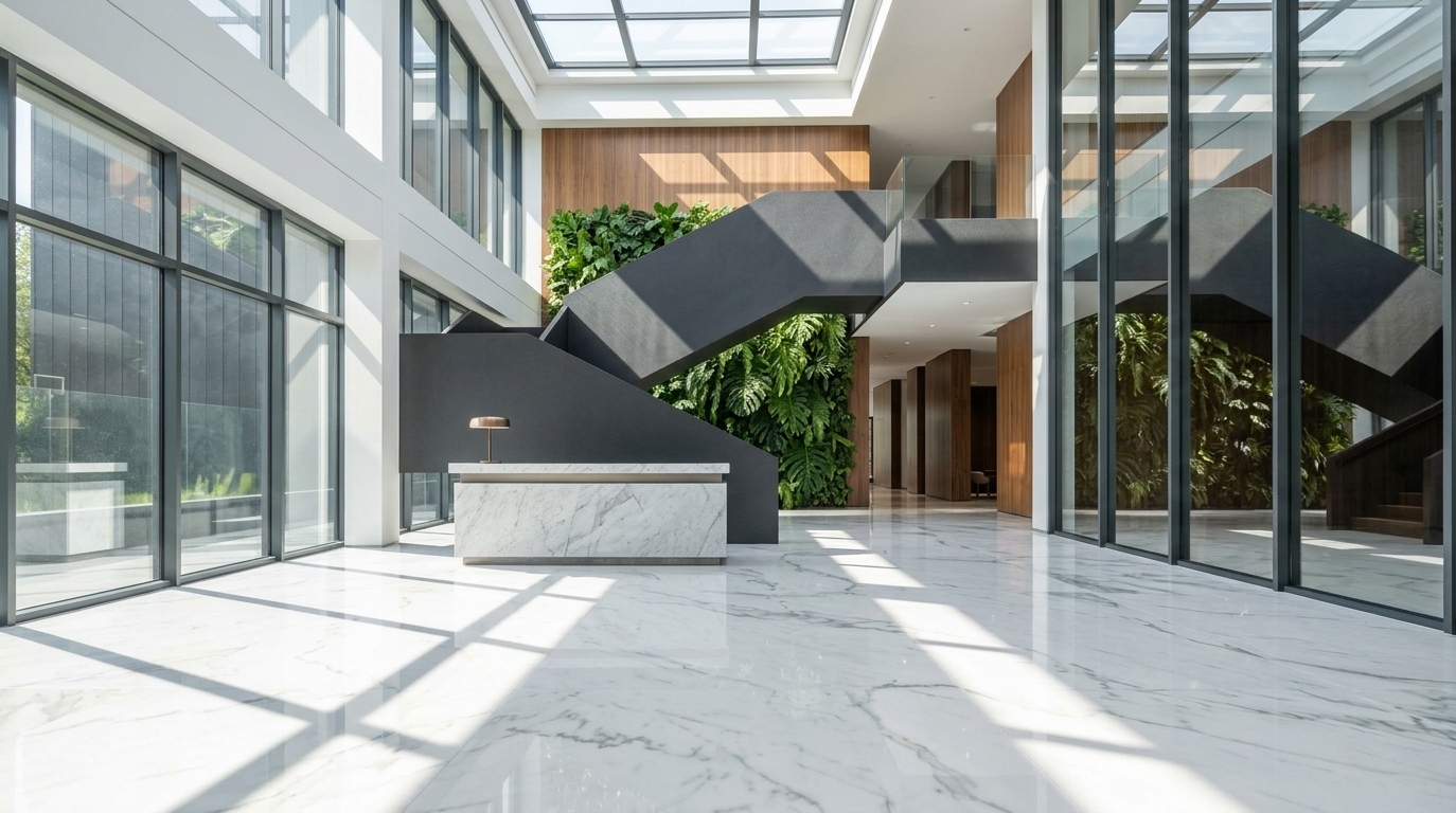 An incredibly lifelike, richly detailed, photorealistic wide-angle interior photograph of a grand, double-height corporate reception lobby set in a bright, contemporary minimalist office sanctuary during a crisp spring midday. The scene is illuminated by brilliant natural sunlight streaming directly through an overhead gridded skylight and expansive floor-to-ceiling curtain walls, casting sharp, elegant architectural shadow patterns alongside soft global illumination across the room, creating an airy, peaceful, and prestigious atmosphere. Captured with a professional full-frame architectural camera and a 24mm tilt-shift lens, emphasizing the mirror-like sheen of polished white Carrara marble floor tiles with subtle, organic veining, the sleek micro-textured finish of the sculptural dark charcoal staircase, and the lush, tactile leaves of the towering biophilic living green wall set beneath warm vertical wood paneling. Crystal-clear reflections shimmer across the dark glass partitions and polished counter surfaces, while the crisp structural lines and perfectly balanced natural exposure elevate the space into an impeccably designed, modern executive haven.