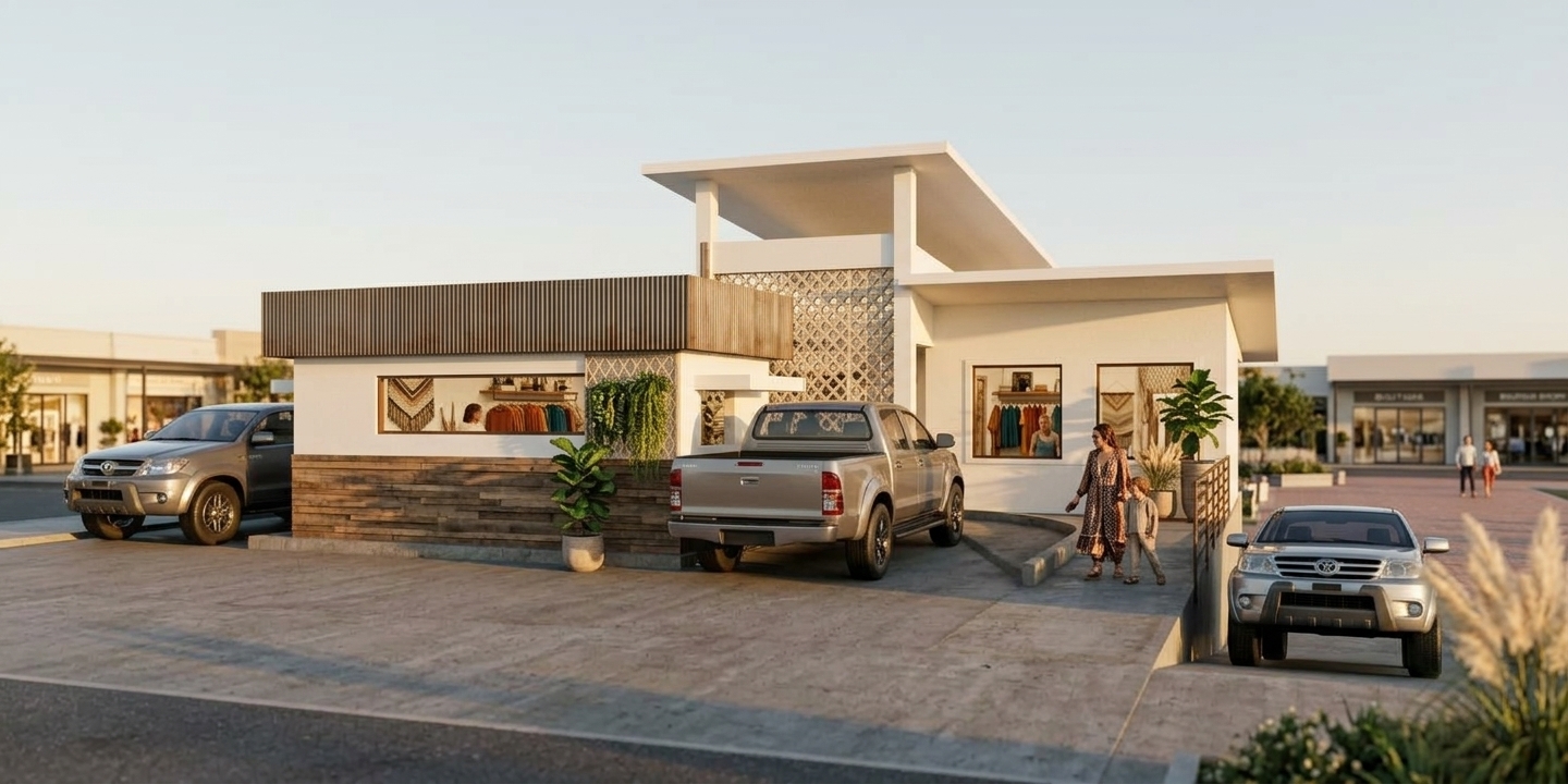An incredibly lifelike, richly detailed, photorealistic eye-level exterior shot of a contemporary boutique clothing store envisioned as a vibrant bohemian oasis set in a sun-drenched, upscale retail enclave. The scene is illuminated by radiant, golden-hour afternoon sunlight casting soft, sculptural shadows across the architectural planes, creating a warm, free-spirited, and welcoming atmosphere. Captured with a professional 35mm tilt-shift lens, emphasizing the tactile interplay of reclaimed horizontal timber boards, corrugated steel trims, crisp white render, and an intricate geometric breeze-block screen. Through the wide storefront windows, the eclectic interior unfolds with woven tapestry wall art, layered tribal rugs, vintage-collected curios, and open shelving styled with boutique photography books and earthy apparel in shades of warm rust, deep teal, and mustard. Potted fiddle-leaf figs, cascading foliage, and feathery pampas grass flank the entrance ramp, blending effortless handcrafted charm with sharp modern architecture as stylish patrons arrive by the boutique's open breezeway.