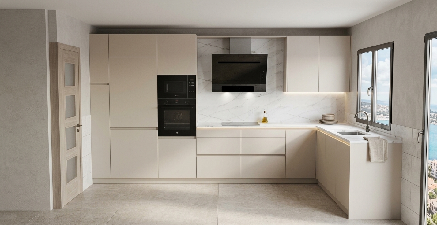 A clean, realistic architectural photograph capturing this exact kitchen composition and geometry, preserving all cabinetry, appliance positions, and structural elements. Soft natural daylight floods in from the right window, casting gentle diffuse shadows and subtle directional highlights across the surfaces. The flat-panel cabinetry is rendered with an authentic matte greige finish and precise micro-textures, while the glossy black oven, microwave, and angled range hood reflect realistic ambient light. The backsplash and countertops display polished marble veining with natural reflections, complemented by tactile ceramic floor tiles, accurate material physics, and clear photographic fidelity captured on a sharp wide-angle lens with balanced interior exposure.