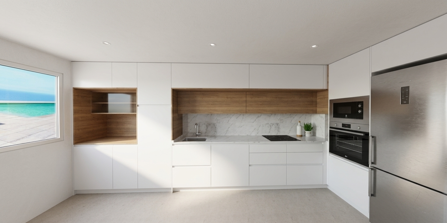 An eye-level architectural photograph of the modern minimalist kitchen, captured with precise material fidelity and soft, natural daytime lighting. Diffused light enters through the left window, casting gentle shadows across the seamless matte white cabinetry and neutral flooring. The warm oak wood grain within the recessed alcove and overhead accent panels exhibits realistic tactile depth, perfectly complementing the subtle grey veining of the polished marble countertop and backsplash. Authentic brushed metal reflections define the stainless steel appliances, while crisp highlights accent the black glass cooktop and sink fixture under clean, balanced exposure.
