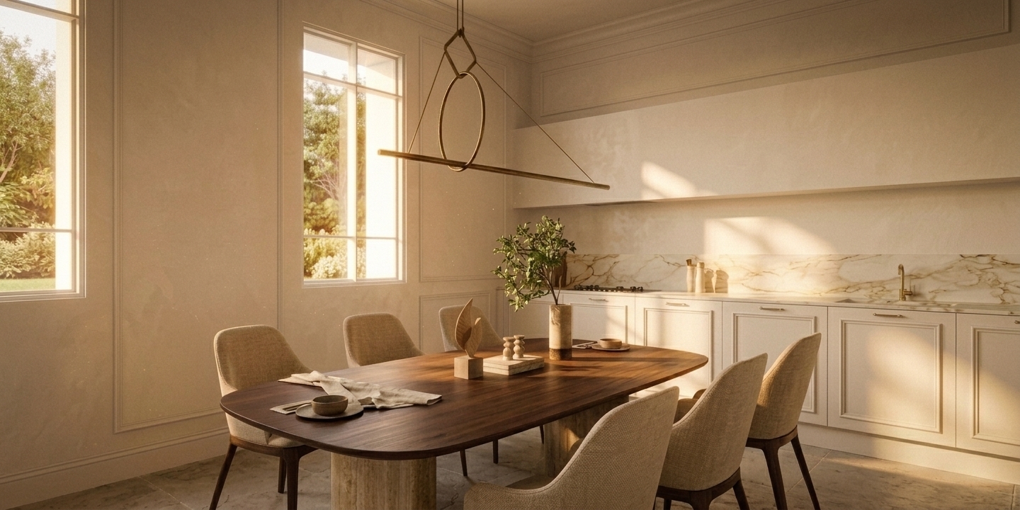 A natural interior photograph capturing this French neoclassical kitchen and dining room bathed in warm, northern hemisphere summer afternoon sunlight streaming through the tall mullioned windows. The scene maintains its exact composition and geometry, illuminated by soft golden raking light and long gentle shadows across the white-paneled walls, molded cabinetry, and marble backsplash. Shot on a 35mm lens with subtle depth of field, the image highlights authentic surface textures—fine grain on the dark wooden table, porous travertine bases, woven fabric chairs, and delicate plaster finishes on the moldings—balanced with realistic optical imperfections such as faint lens flare, organic dust motes in the sunbeams, subtle exposure falloff, and delicate film grain.