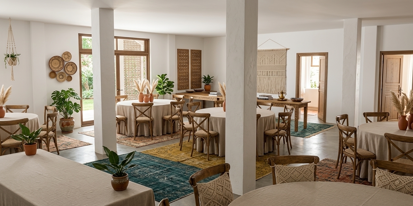 An incredibly lifelike, richly detailed, photorealistic wide-angle interior view of an eclectic meeting and event hall set in a serene creative retreat. The scene is illuminated by soft, natural daylight filtering through the framed glass patio doors complemented by warm ambient illumination, creating a welcoming, free-spirited, and cozy atmosphere. Captured with a 35mm architectural lens, emphasizing earthy tactile textures, organic timber grains, and artisanal woven finishes, the spacious room is grounded by polished concrete floors softened with an array of overlapping vintage Moroccan and distressed kilim rugs in deep teal, mustard, and terracotta. Elegant round gathering tables are gracefully draped in neutral linen tablecloths, paired with rustic cross-back wooden chairs fitted with macrame-tufted cushions. Intricate macrame plant hangers and oversized woven tapestry wall art add depth to the pristine white walls, while lush tropical potted plants, terracotta ceramic vases filled with feathery pampas grass, and stacks of curated photography art books atop the buffets and tables infuse the open space with an authentic, globally inspired bohemian charm.