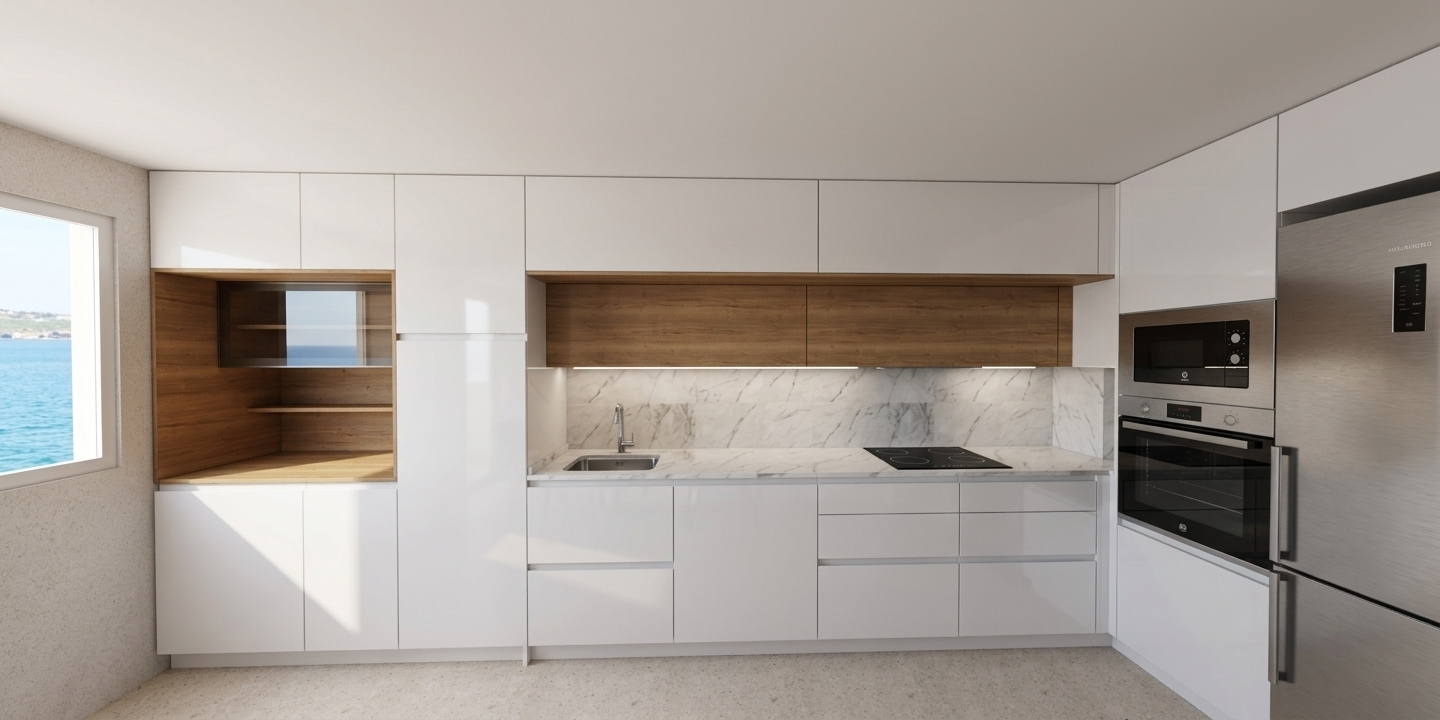 An eye-level architectural photograph of the exact modern kitchen layout, illuminated by soft daylight pouring through the left window with gentle fill lighting. The matte white cabinetry reveals subtle seams and flawless satin sheen, perfectly framing the authentic warm oak wood grain textures in the open niche and upper accent paneling. The white marble countertop and backsplash display crisp, polished surfaces with natural fine grey veining. Accurate metallic reflections highlight the brushed stainless steel refrigerator and built-in wall ovens, contrasted by the glossy black induction cooktop and sleek chrome faucet, all captured with sharp interior lens clarity and delicate contact shadows.