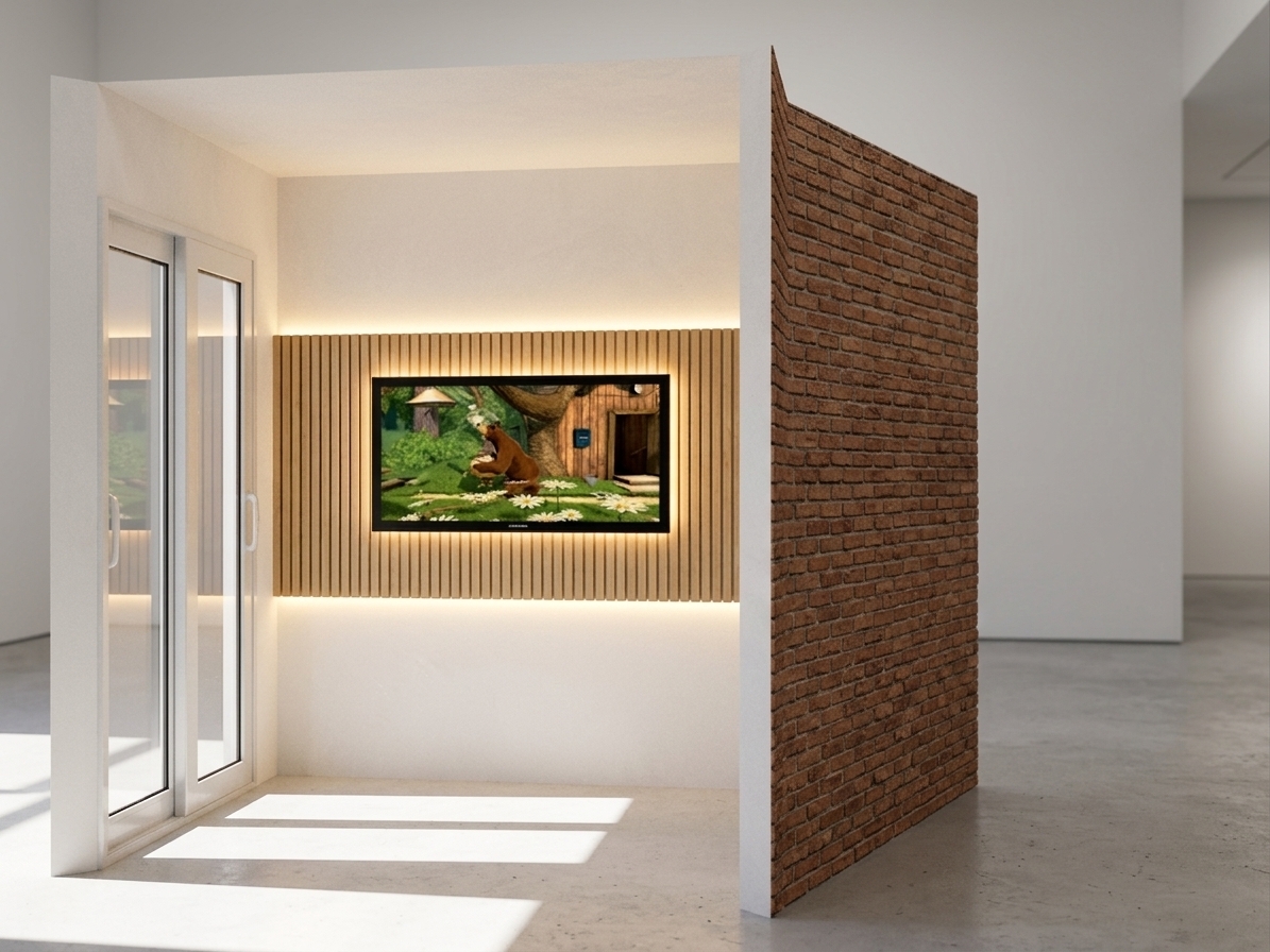 A photorealistic architectural photograph preserving the exact framing and geometry of the scene, featuring vertical natural wood slats installed behind the wall-mounted television illuminated by warm, soft indirect backlighting. Crisp natural daylight streams through the left sliding glass door, casting clean, soft-edged sunlight onto the smooth floor. All surfaces display authentic textures, including matte interior plaster, rough tactile brickwork on the exterior right wall, subtle glass reflections on the patio doors, and natural emissive glow from the television screen. Captured with a wide-angle lens, balanced natural exposure, delicate ambient shadows, and realistic photographic grain.