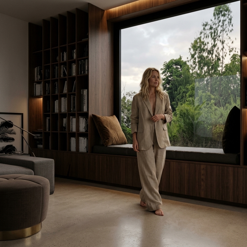 Hyper-realistic editorial architectural photograph refinement based strictly on the reference image, preserving the exact architecture, camera angle, framing, and composition.

Transform the scene into a dark, moody, low-key interior with restrained natural daylight and warm 2700–3000K ambient lighting.

Key Material and Structural Updates:
- Floor: Replace the existing herringbone flooring with smooth, light warm-grey mechanically polished concrete featuring a subtle satin sheen, fine mineral aggregate, and soft, physically accurate ambient reflections.
- Millwork and Walls: Replace the light wood shelving, built-in window bench, and surrounding panels with premium natural American Black Walnut veneer. The finish should be a rich dark espresso and chocolate brown with subtle warm undertones, visible natural grain and pores, and a refined matte-to-satin lacquer finish.
- Textures: Ensure cushions, textiles, window glass, and exterior foliage display authentic material depth, tactile detail, and natural light-material interaction.

Subject Addition:
- Add an adult blonde woman standing naturally and casually within the interior space, correctly scaled and grounded barefoot on the concrete floor.
- She has natural, loose, softly wavy blonde hair, realistic skin texture, and understated natural features.
- Outfit: A relaxed, oversized beige linen two-piece set consisting of an unbuttoned/relaxed tailored blazer and matching very wide-leg, full-length flowing trousers in a natural woven sand-taupe linen texture.
- Her pose is relaxed and spontaneous, casting accurate contact shadows and receiving realistic indirect bounce light and reflections from the walnut cabinetry and concrete floor.

Photographic Quality:
- Full-frame professional camera rendering with natural depth of field, authentic shadow rolloff, subtle micro-contrast, and no CGI or over-processed appearance.