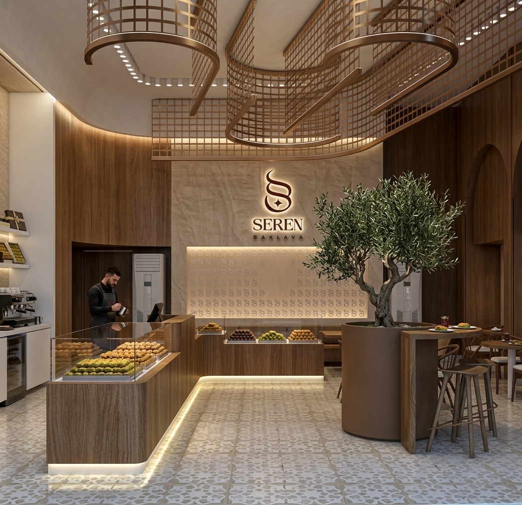 An authentic architectural photograph of this modern baklava confectionery interior, captured with a 24mm tilt-shift lens maintaining crisp vertical lines and natural perspective. The glass display cases are filled with golden, syrup-glistening trays of assorted baklava and pistachio pastries, while a barista works behind the counter and casual patrons sit in the background to add dynamic life and scale. Warm 3000K hidden LED strip lighting and spotlights illuminate the counter base and textured logo wall, casting subtle reflections across the polished mosaic tile floor and clear glass panels. Realistic surface finishes showcase tactile wood grain, brushed bronze ceiling fixtures, detailed tree foliage, and micro-textures on the plastered walls, finished with balanced interior exposure, soft natural shadows, and mild photographic film grain.