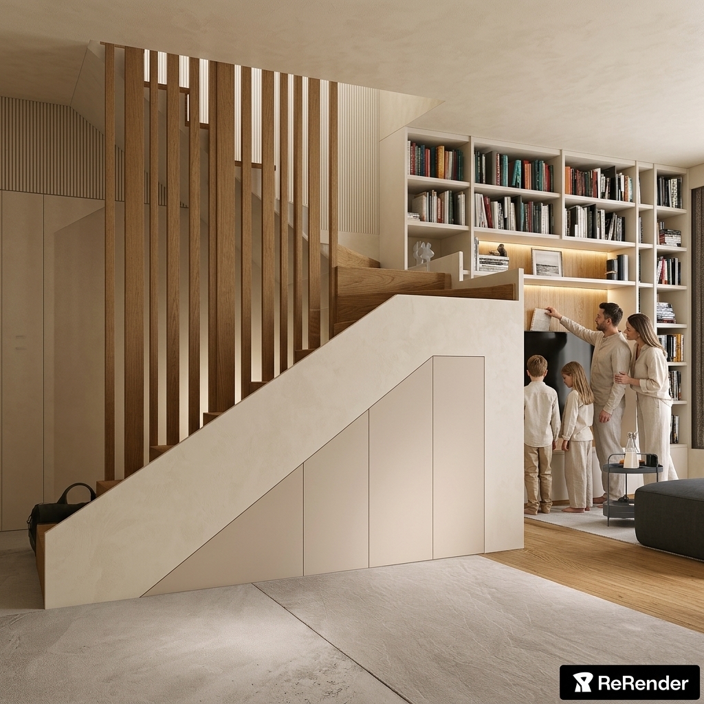 Transform this image into an ultra-realistic architectural photograph in a refined Boho Japandi style, preserving 100% of the original geometry, perspective, framing, and architectural elements. Maintain the exact wooden slat staircase balustrade, steps, under-stair storage cabinetry, recessed background bookcase, furniture, and flooring layout.

Apply a seamless decorative mineral plaster coating to the walls and ceiling inspired by Jeger Shabby Chic Fluff/Bloom—a warm creamy-beige, oatmeal, powdery matte surface with subtle natural micro-tonal depth, perfectly unifying the wall and ceiling surfaces with no stark white or cool undertones. Update the under-stair cabinet doors to a matching ultra-matte lacquer in a warm sand beige, approximately 5–10% darker than the adjacent plaster walls for subtle, cohesive contrast. Preserve the natural warm oak tones and realistic grain of the stairs and vertical slats.

Subtly integrate a family (mother, father, 12-year-old son, and 10-year-old daughter) naturally inhabiting the home, dressed in understated neutral linen attire (cream, oatmeal, sand). Position them casually and unobtrusively in the background reading or walking past the bookcase, keeping them secondary (10–15% visual attention) to maintain the staircase architecture as the primary subject. Ensure natural, unstaged postures and relaxed expressions.

Enhance photographic realism with natural, soft daylight illumination, balanced exposure, physically accurate shadows, realistic wood and plaster textures, and high-end editorial architectural photography quality suitable for Architectural Digest.