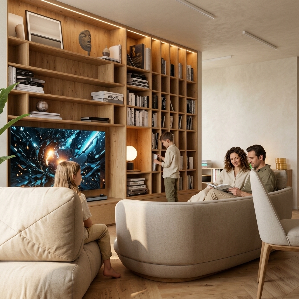 Transform this living room image into an ultra-realistic architectural photograph, removing all graphic text, logos, and overlays while preserving 100% of the original room architecture, geometry, furniture, perspective, and layout.

ARCHITECTURAL & MATERIAL PRESERVATION:
Retain the exact oak shelving unit with integrated lighting, the TV display, the curved upholstered sofa, the armchair, herringbone wood flooring, and all shelf decor. Enhance material realism: physically accurate wood grain, soft fabric textures, and subtle glass and metallic reflections.

BOHO JAPANDI FINISHES:
Apply a continuous, monochromatic decorative mineral plaster finish (inspired by warm creamy-beige limestone/Jeger Shabby Chic Fluff/Bloom) across both walls and ceiling with a seamless, powdery matte appearance. Avoid pure white or cool gray tones, keeping a harmonious warm sand, oatmeal, and greige palette.

NATURAL FAMILY PRESENCE:
Add a realistic family of four integrated seamlessly into the living room scene, occupying only 10–15% of visual focus:
- Mother (35, brunette, curly hair) in relaxed neutral linen clothing.
- Father (42, brunette) in an earthy neutral linen shirt.
- Son (12) and Daughter (10) in understated beige/olive casual wear.
They should engage naturally and spontaneously in everyday domestic activities suited to the living room (e.g., quietly relaxing on the sofa, reading, or browsing the bookshelves). Poses must be relaxed, unposed, and not looking at the camera, without obstructing key architectural features.

LIGHTING & PHOTOGRAPHY:
Render the scene with natural daylight as the primary source, balanced by the warm, subtle glow of the bookshelf LED strips and lamps. Produce a clean, professional luxury architectural photography aesthetic with natural dynamic range, realistic depth of field, and balanced exposure typical of high-end design publications.