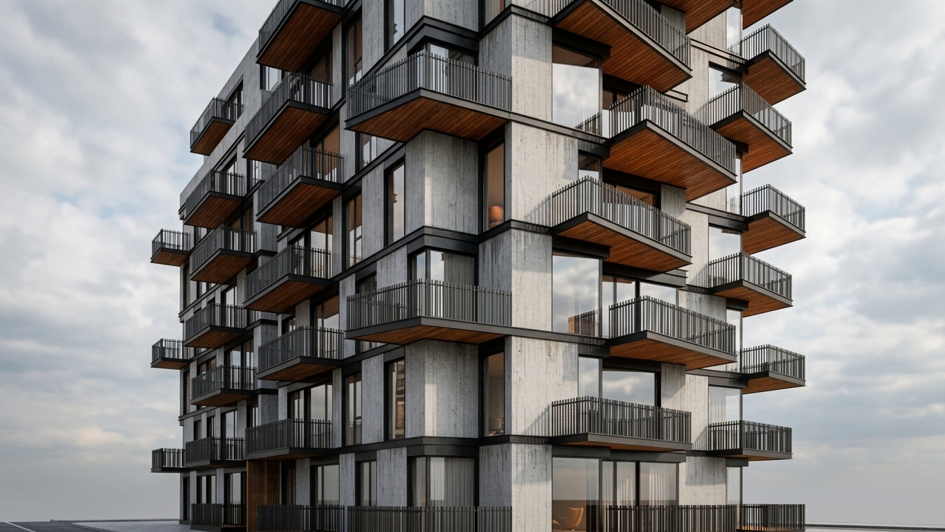 A crisp architectural photograph captured with a sharp tilt-shift lens on a bright daylight afternoon, preserving the exact geometry and upward perspective of the building corner. The facade displays authentic tactile finishes, showcasing refined surface pores across the concrete panels, warm organic grain along the wooden balcony underbellies, and a smooth matte powder coat on the dark metal railings. Natural sky and soft cloud reflections bounce off the large glass panes, contrasted with subtle warm ambient glows emanating from select apartment interiors. Lighting features soft natural shadows beneath the cantilevered balconies, gentle ambient occlusion, faint atmospheric haze, and subtle micro-imperfections that render the structure as a genuine, high-end photograph.