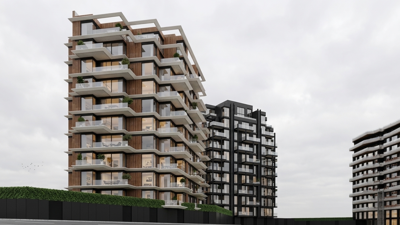 A professional architectural photograph of the multi-story modern residential towers captured from a low, dynamic street-level perspective under a softly overcast daytime sky. The facades showcase photorealistic materials, including warm vertical wood lamellas, crisp white architectural balcony bands, dark metal window frames, and textured concrete panels. Glass railings reflect the soft sky with subtle micro-reflections and natural transparency, revealing a few warm interior ambient lights, subtle potted balcony plants, and discreet silhouettes of residents. The surrounding retaining wall displays rich, textured green foliage. Natural diffuse daylight creates gentle ambient occlusion beneath the cantilevered balconies, complemented by faint photographic depth of field, subtle film grain, and balanced exposure that conveys an authentic high-end architectural scene.