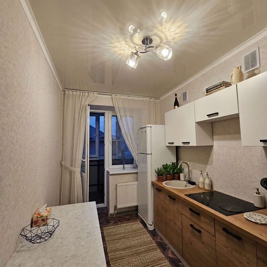 A realistic photograph of the compact modern kitchen, precisely maintaining the room's geometry, camera position, cabinetry, white appliances, and finishes. The existing sheer window curtains drape naturally with delicate, translucent fiber textures catching the evening ambient light from the balcony door. The woven runner rug displays tactile, slightly irregular natural fibers and realistic contact shadows on the patterned flooring. Cozy kitchen decor details—the small potted herbs by the sink, countertop oil dispensers, and table accessories—feature subtle real-world wear and tactile materiality. The ceiling fixture casts warm, multi-directional light that highlights the glossy stretch ceiling with soft specular patterns, balanced by cool twilight from the balcony. Shot on a wide-angle lens with authentic depth of field, gentle sensor noise, micro-textures on laminate and wood grain surfaces, and natural lens vignetting.